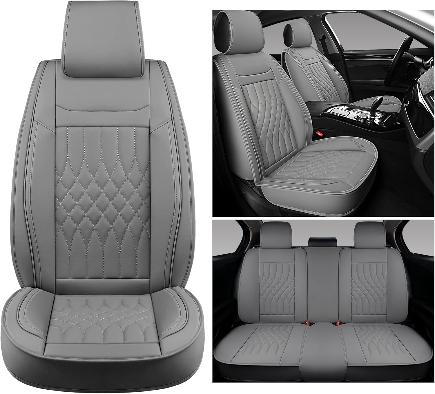 Sanwom Leather Car Seat Covers Full Set, Universal Automotive Vehicle Seat Covers, Waterproof Vehicle Seat Covers for Most Sedan SUV Pick-up Truck, Black and Red