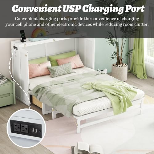Queen Murphy Bed Cabinet, Murphy Bed Queen with Storage Drawer & Charging Station, USB Port, Solid Pine Wall Beds for Home Office, Studio or Guest Room, White