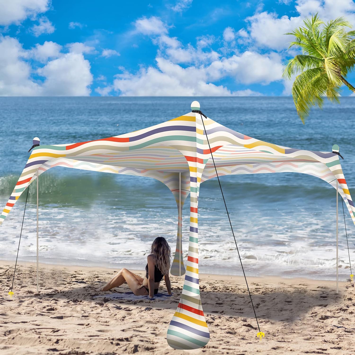 Buheco Beach Tent Pop Up Shade 7x7.5ft Beach Canopy Sun Shelter UPF50+ with 4 Foldable Poles-Portable Carrying Bag-Sand Shovel-Ground Pegs-Windproof Ropes for Outdoor Family Camping-Fishing- Picnic