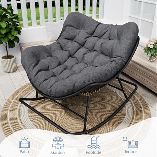 SWITTE Papasan Rocking Chair Outdoor Indoor, Oversized Egg Wicker Rocker with Cushion, Supports 450 lbs, Patio Chair for Balcony or Living Room - Gray