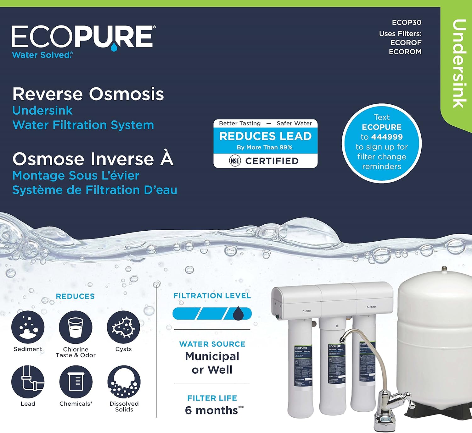 EcoPure Purifier Filtration System (ECOP40) | NSF Certified | Safe Drinking Water Right from Your Kitchen Sink, White