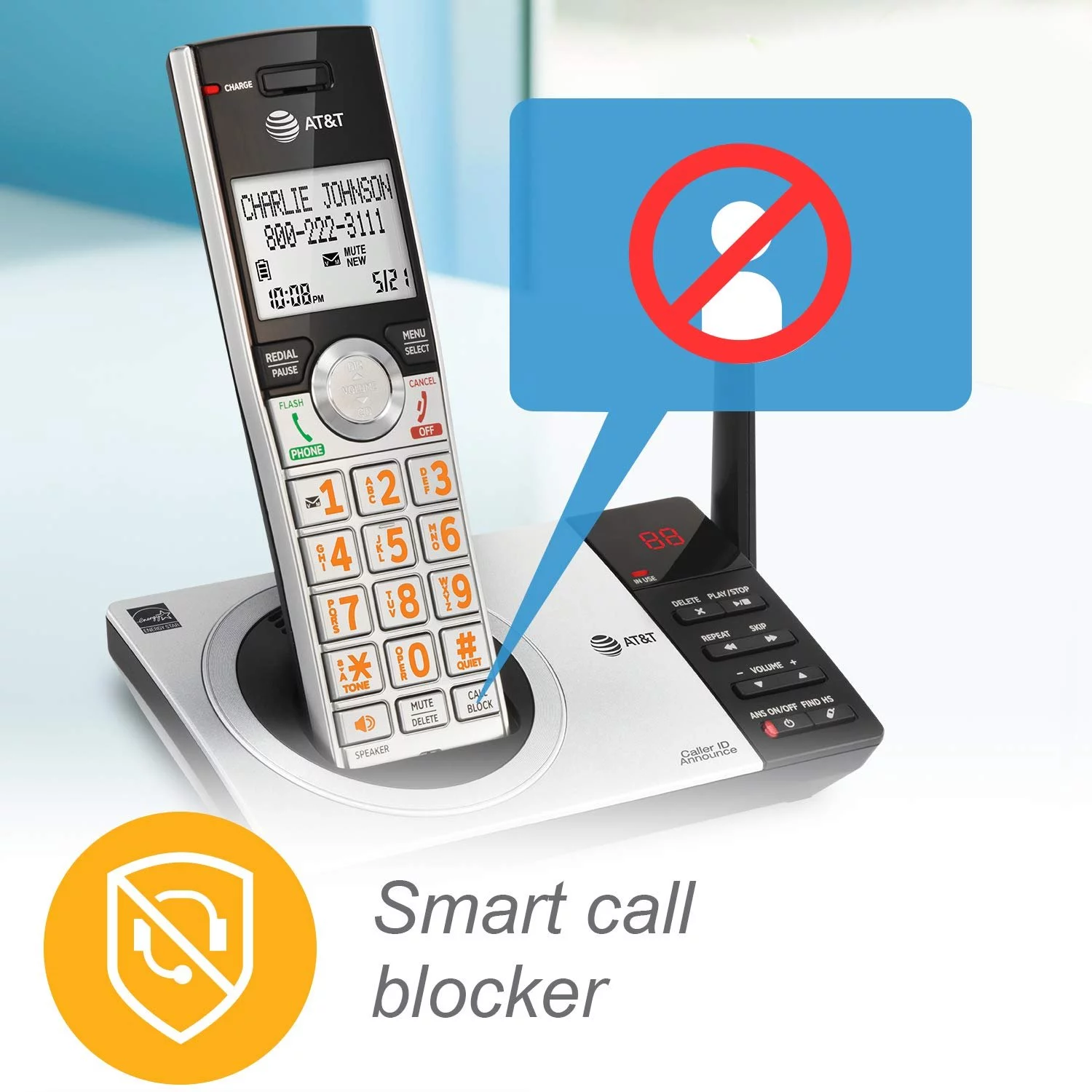 AT&T CL82407 DECT 6.0 Expandable Answering System with Smart Call Blocker, Silver/Black with 4 Handsets