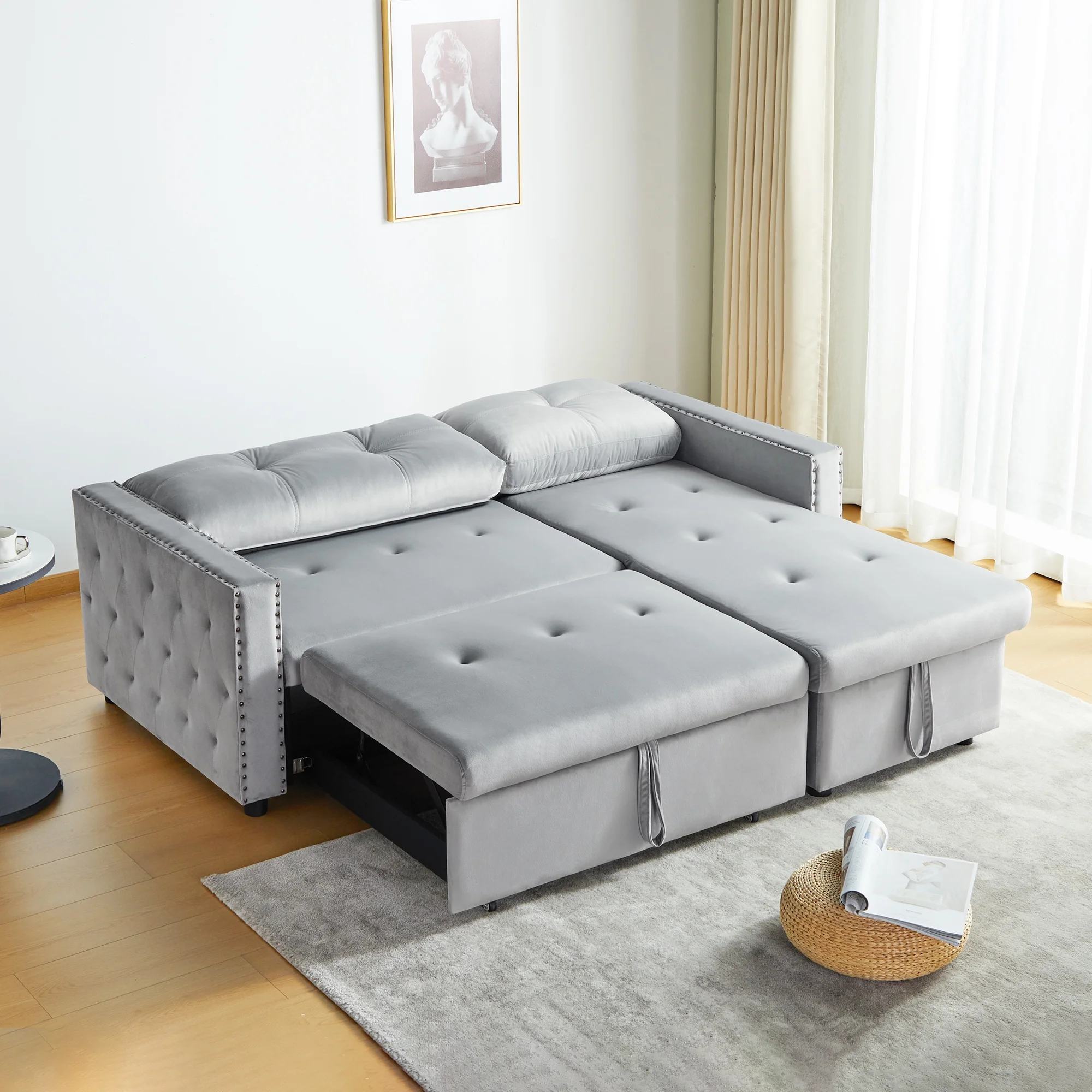 Giratree 3-in-1 Sofa Bed King Size, L Shaped Couch with Storage, Double Chaise Lounge Bed, Gray