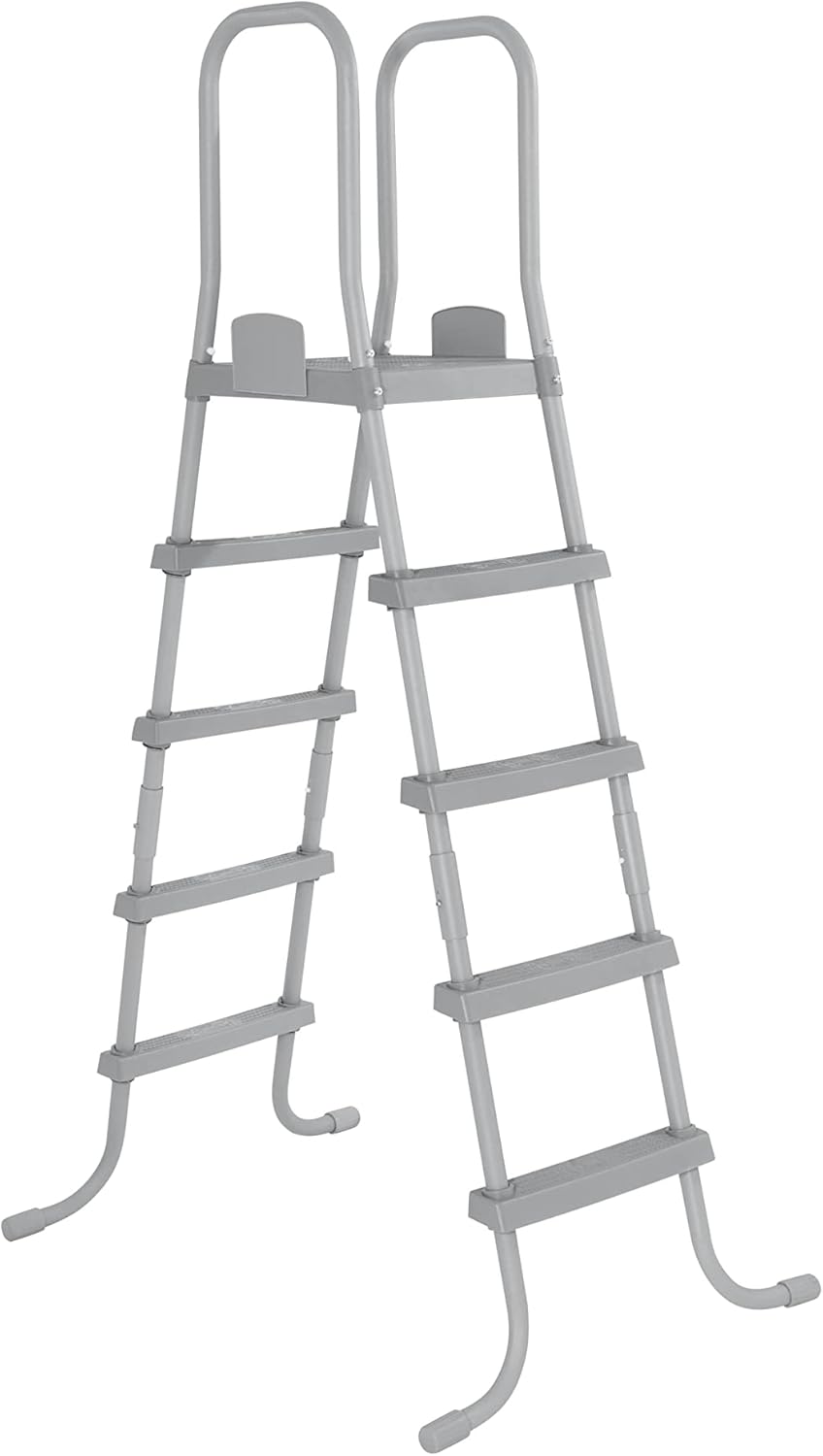 Bestway 58337E 52-Inch Durable Steel Above Ground Swimming Pool Ladder with No-Slip Steps in Gray with Arm Rails and Barrier