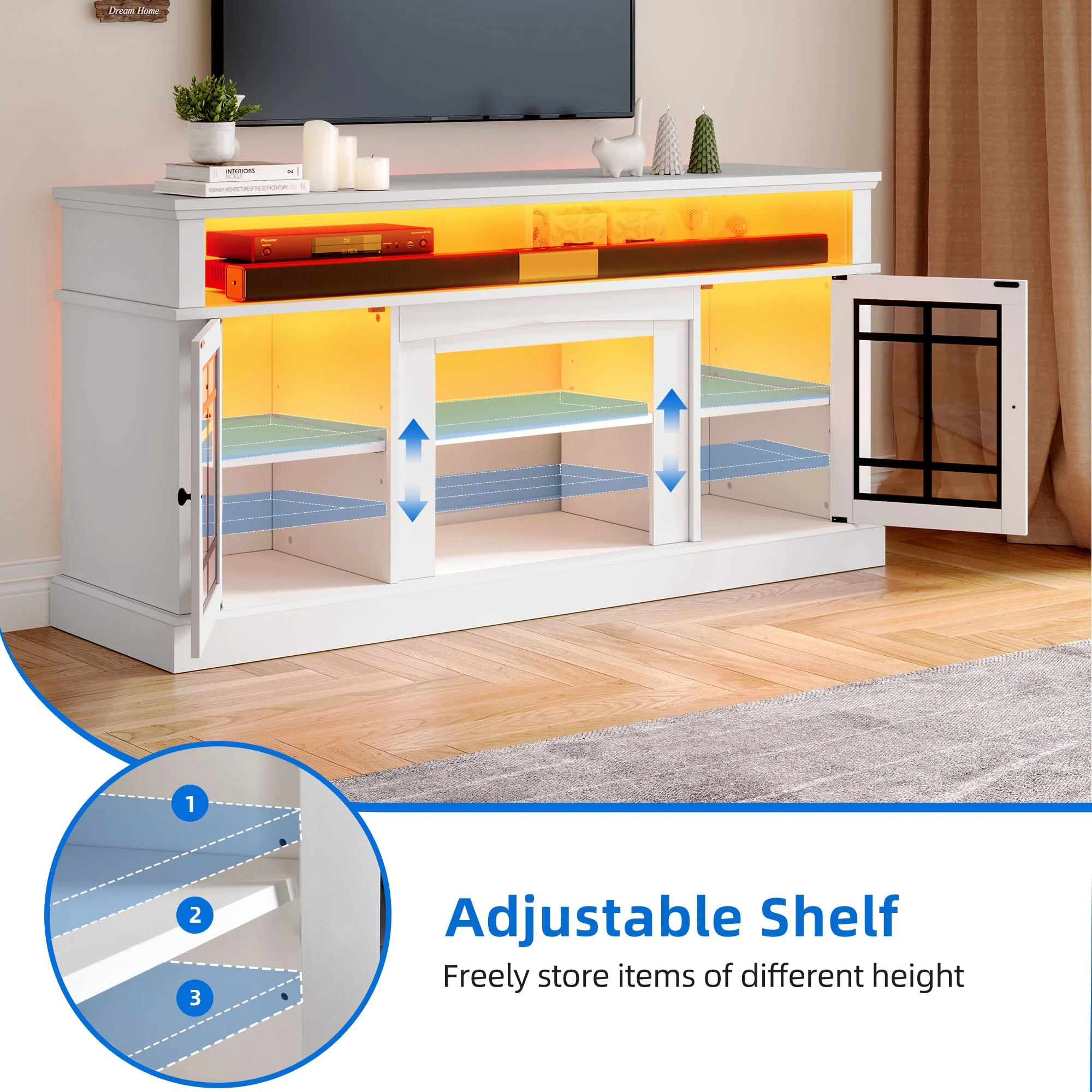 Dextrus LED Fireplace TV Stand for TVs up to 70" w/ Acrylic Glass Door, Farmhouse Highboy Entertainment Center with Electric Fireplace, White
