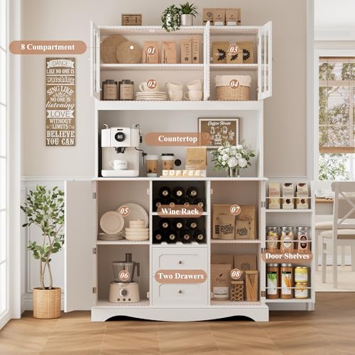 HORSTORS 70" Tall Pantry Cabinet, Kitchen Hutch with Microwave Stand, Modern Kitchen Storage Cabinet with 2 Drawers, Food Pantry with Wine Rack for Dining Room, Living Room, White