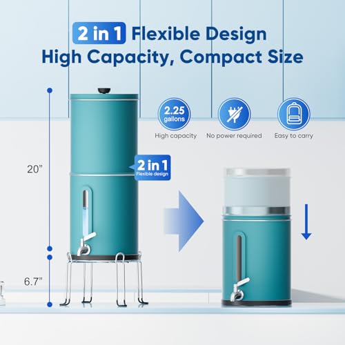 Purewell Gravity Water Filter System, 2.25 Gallon Stainless Steel Countertop System with 2 Black Filters, Visible Window and Stand,Reduce up to 99% Chlorine