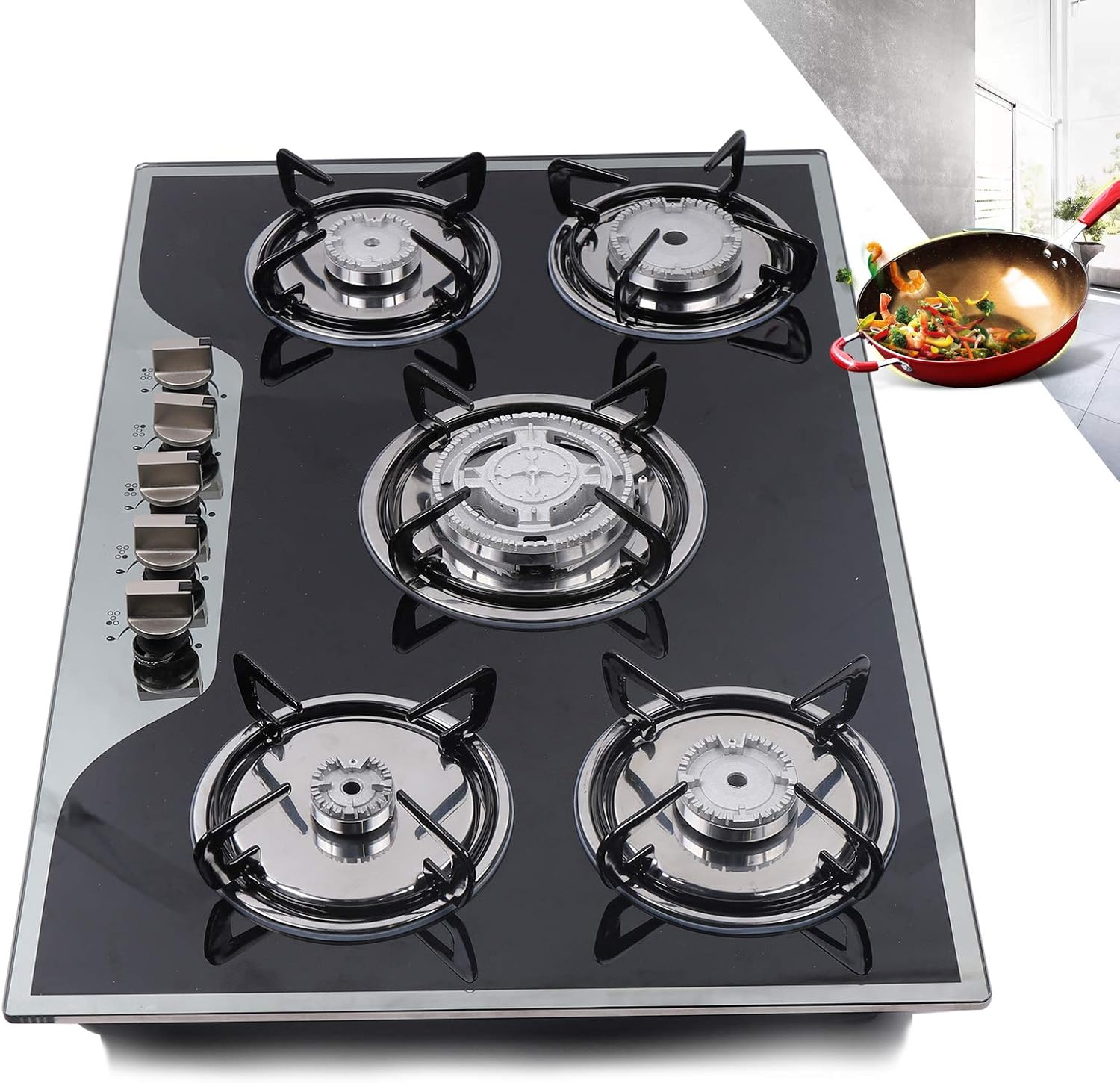 30in Stainless Steel Cook Top Built-in Kitchen Cooker 5 Burners Stove LPG/NG Gas Cooker Hob,for kitchen apartments, indoor use