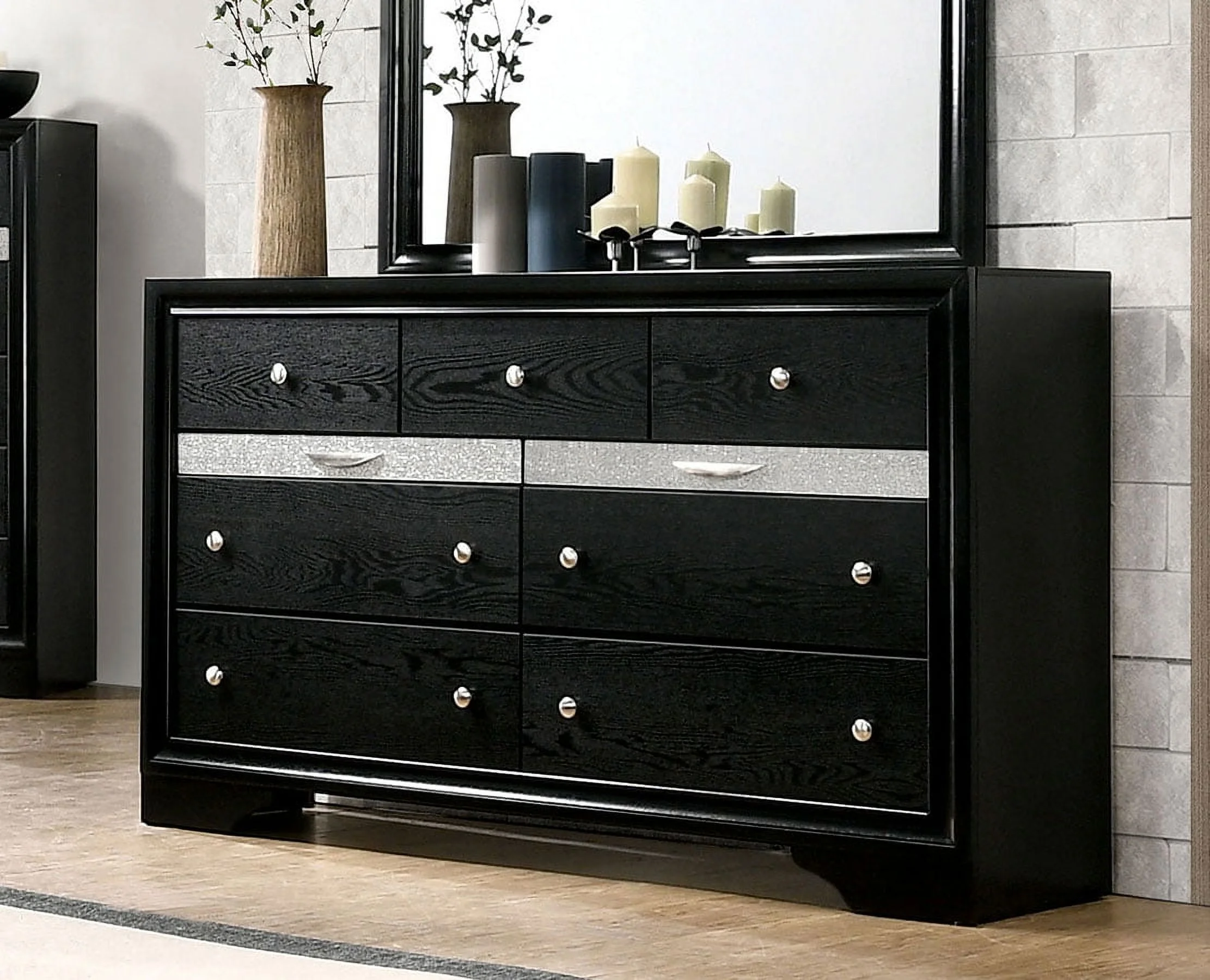 Black Classic Queen Size Bed Panel HB Dresser Nightstand w Jewelry Tray Mirror 4pc Set Solid Wood Bedroom Furniture