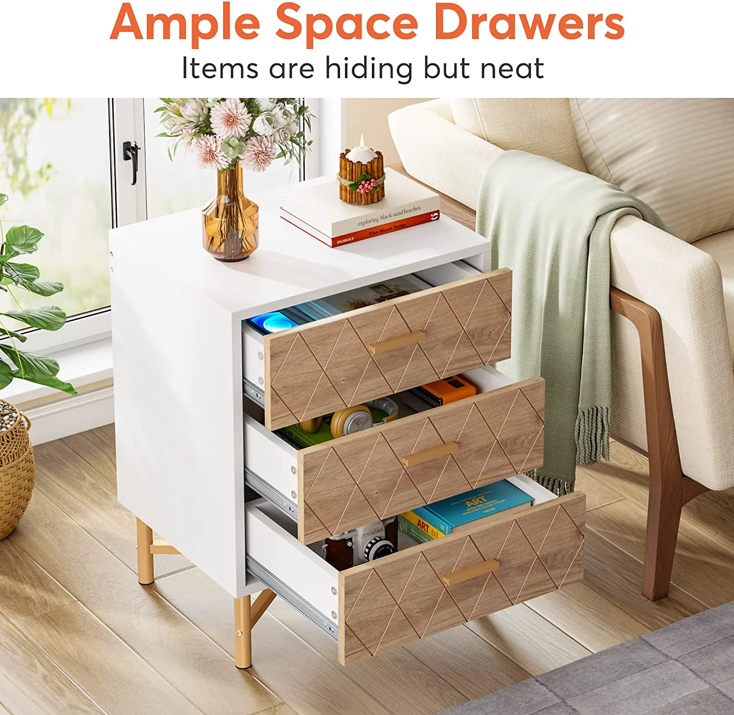 Tribesigns 3-Drawer Nightstand Set of 2, Mid Century Modern Night Stand with Storage, Large Bed Side Table for Bedroom,