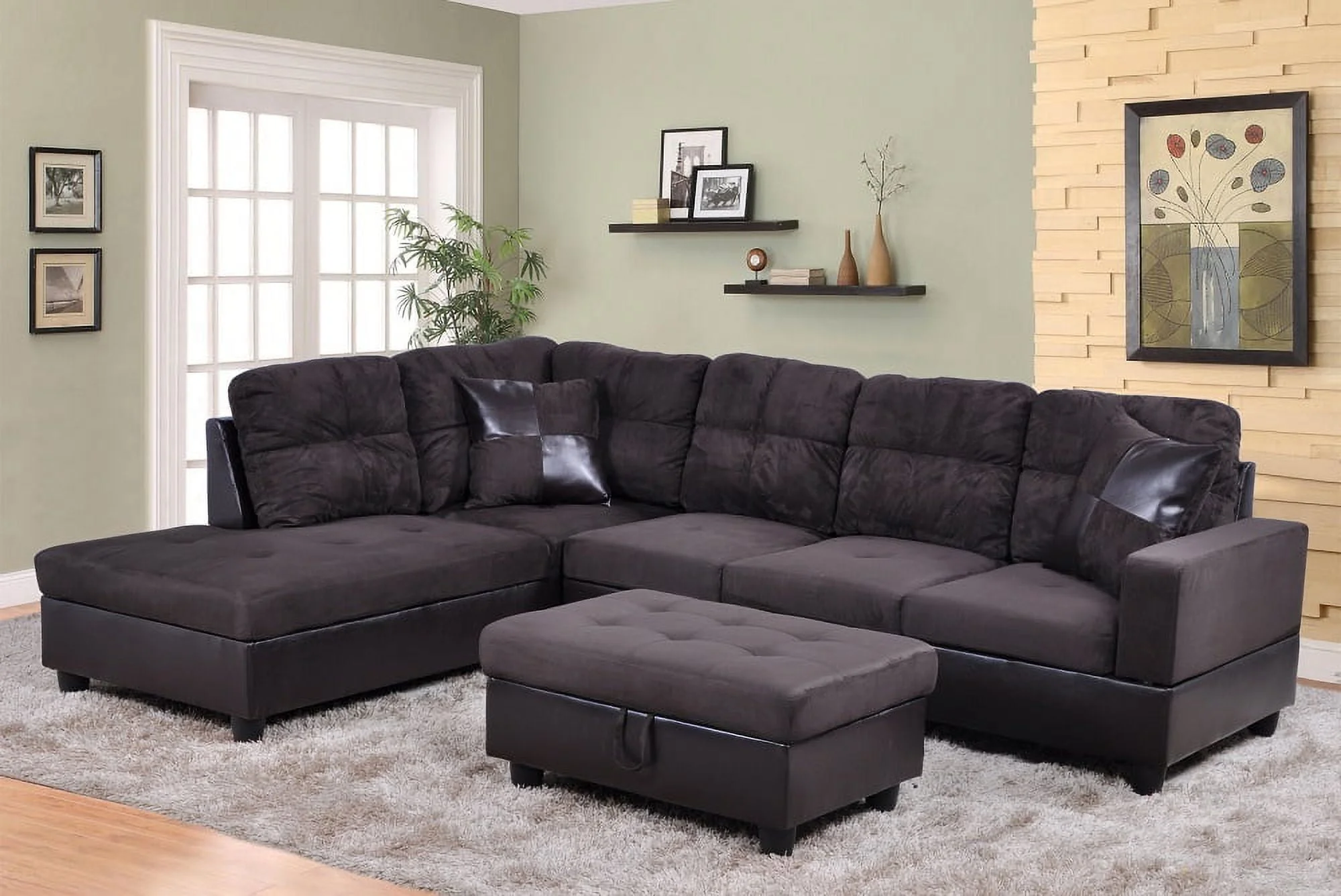 PonLiving Furniture Ezekiel 103.5'' Right & Left Hand Facing Sectional Sofa with Storage Ottoman, Microfiber & Leather Upholstered