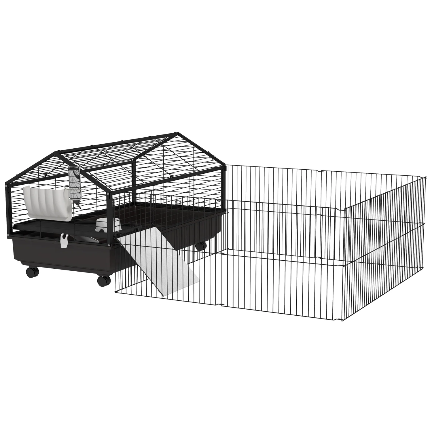 JHOOTUUO PawHut Small Animal Cage with Foldable Run Area  Rolling Bunny Cage  Guinea Pig Cage  Hedgehog Cage with Water Bottle  Water Bowl  and Ramps  46.5” - Curated Treasures Market