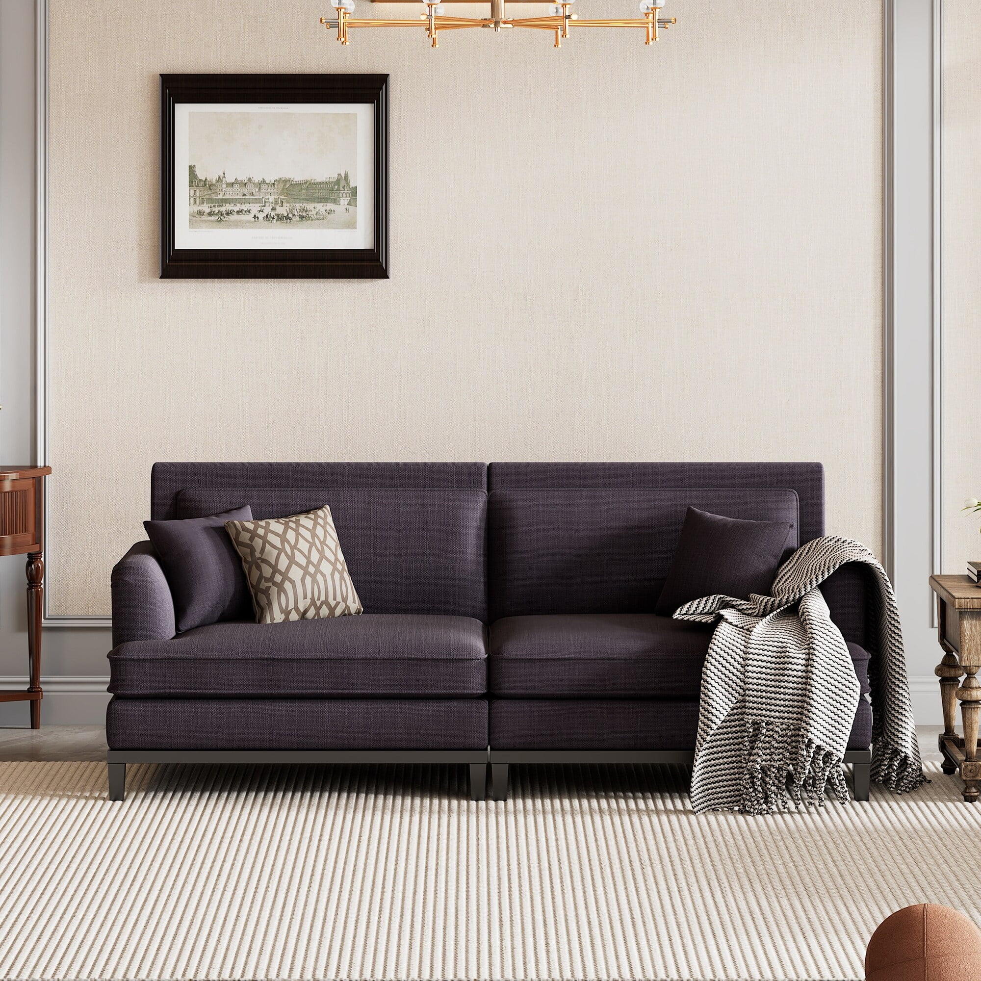 Country Grey Sleeper Loveseat w/ 2 Throw Pillows, Armrest Wrinkles Straight Row Couch, Recliner Sofa with Removable Cushions