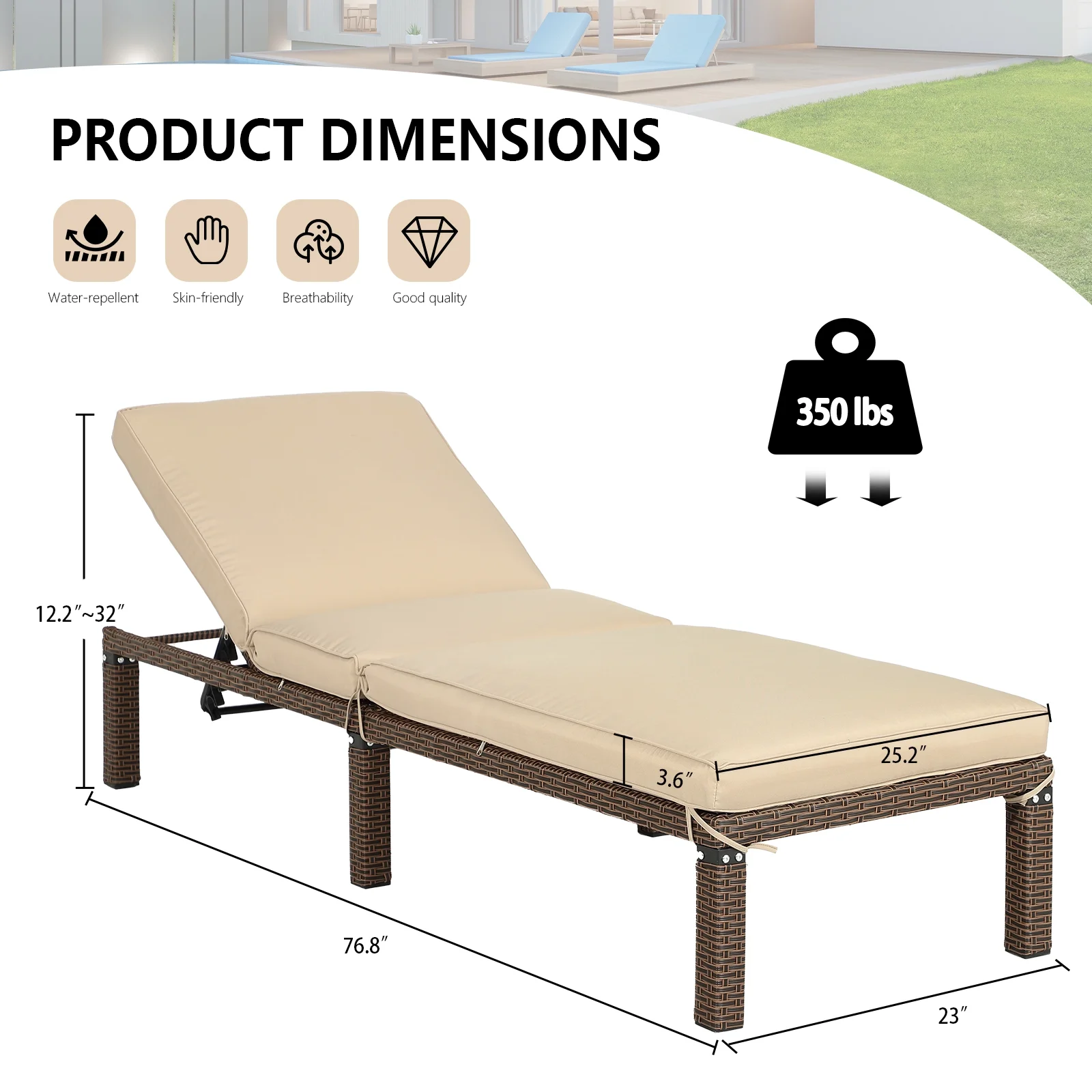 Magic Union Outdoor Rattan Wicker Chaise Lounge Chair with Adjustable Backrest & Cushion, Set of 2-Khaki