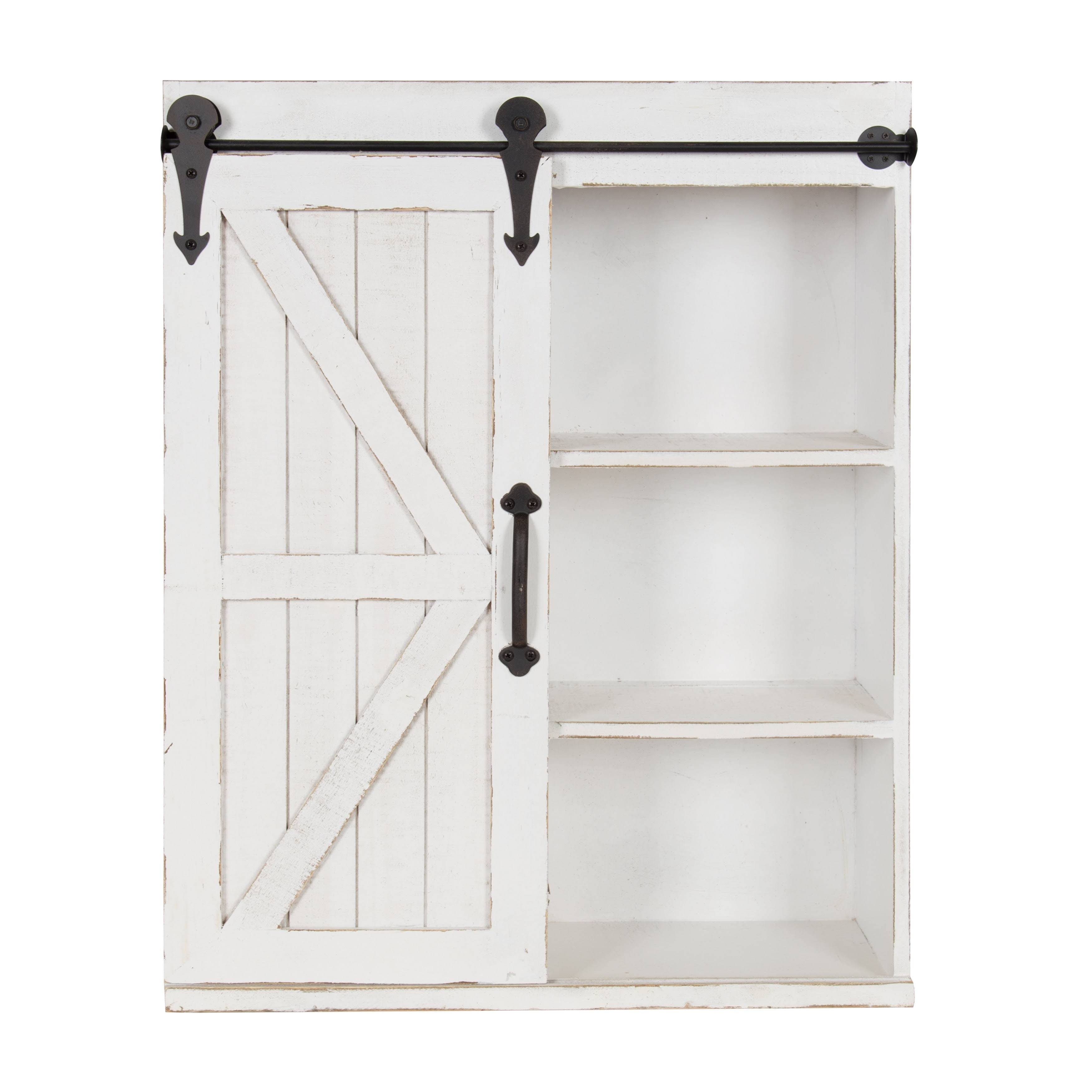 Kate and Laurel - Cates Wood Wall Storage Cabinet with Sliding Barn DOOR, Rustic White