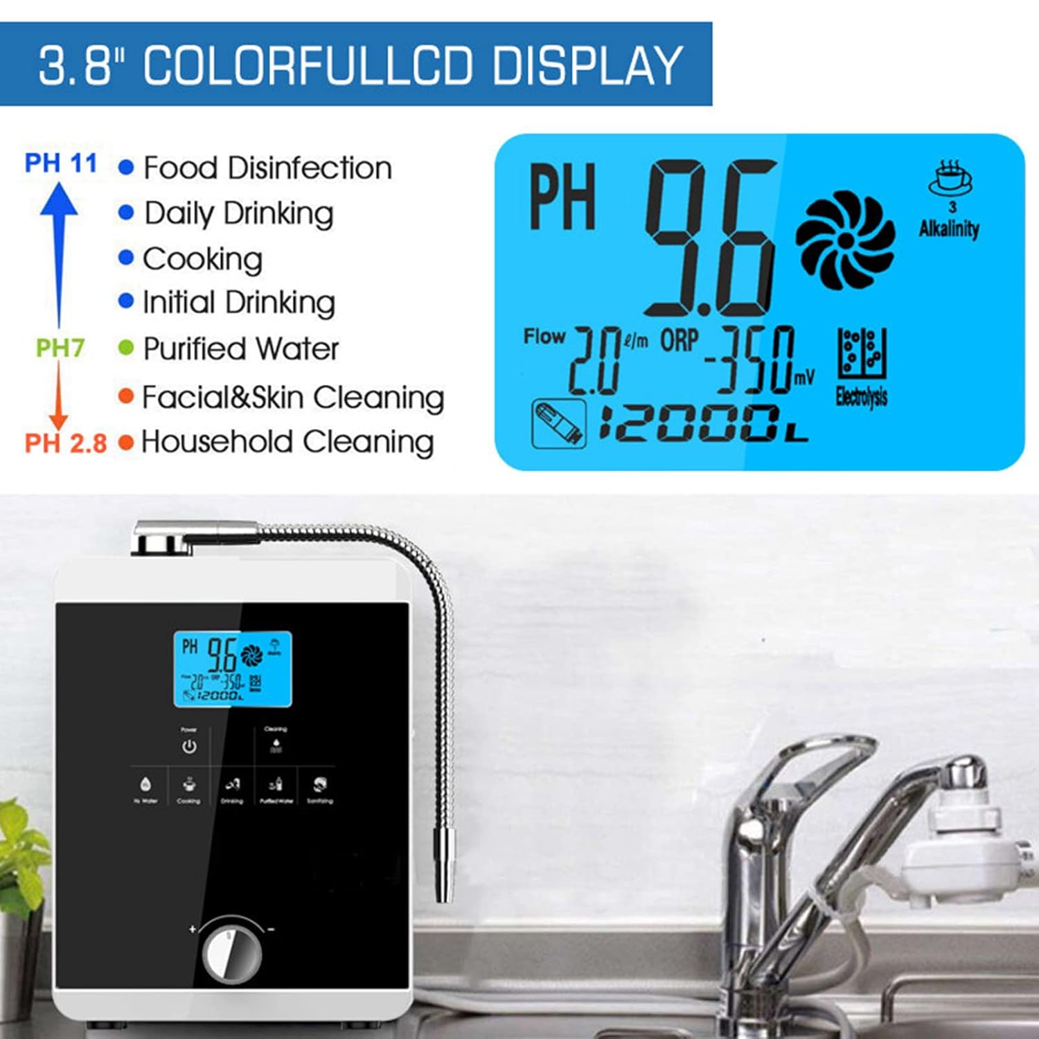 Alkaline Water Machine, Water Ionizer Machine,Hydrogen Water Generator,Produces pH 3.5-10.5 Alkaline Acid Water Water Filter System for Home
