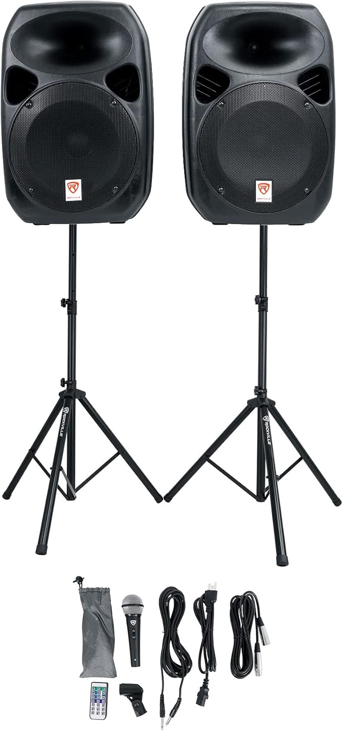 Rockville RPG102K Dual 10" Powered Speakers DJ PA System Bluetooth+Mic+Stands