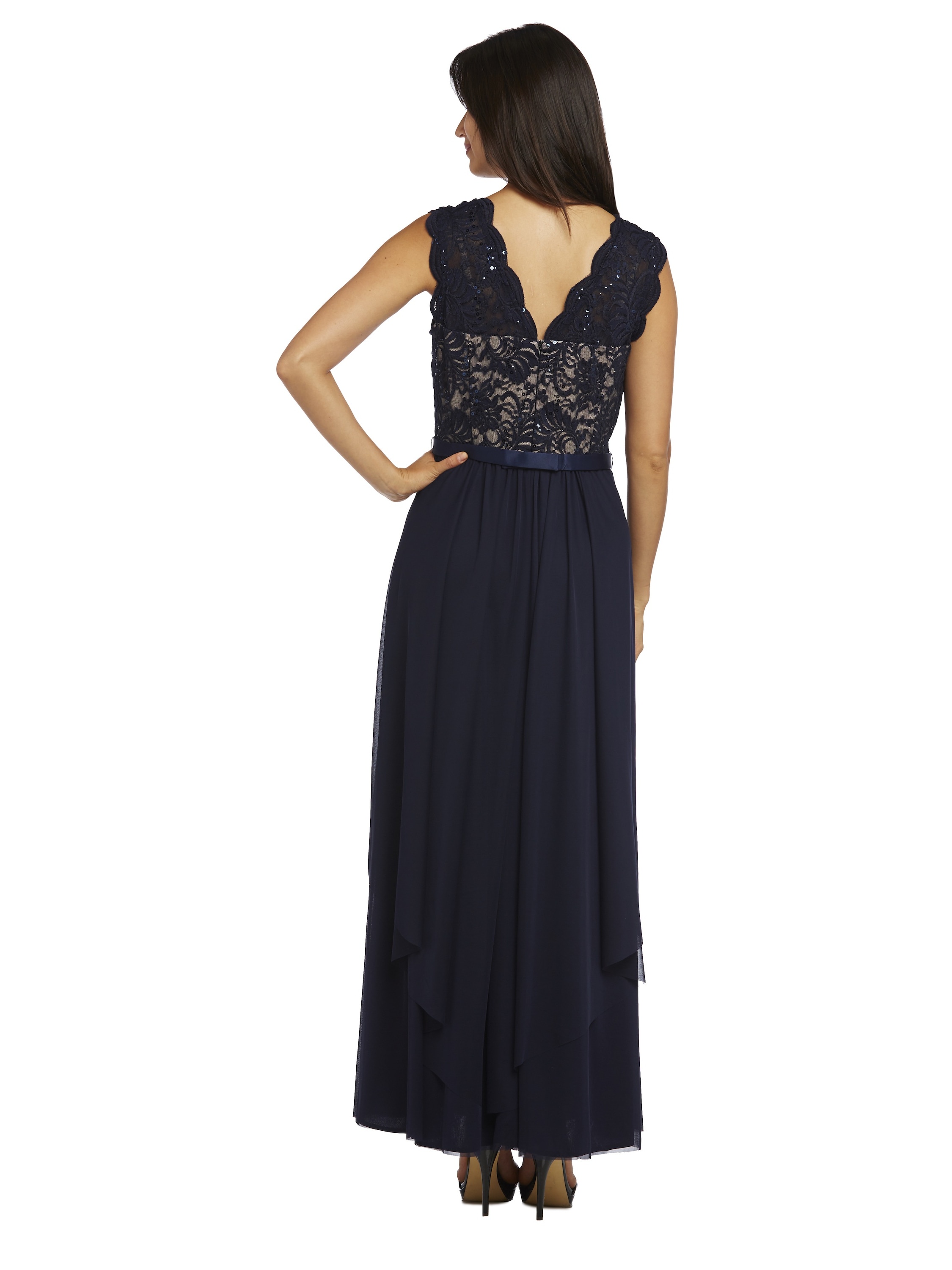 R & M Richards Women's Sequin Lace Embroidered A-line Dress, Navy/Taupe, 10