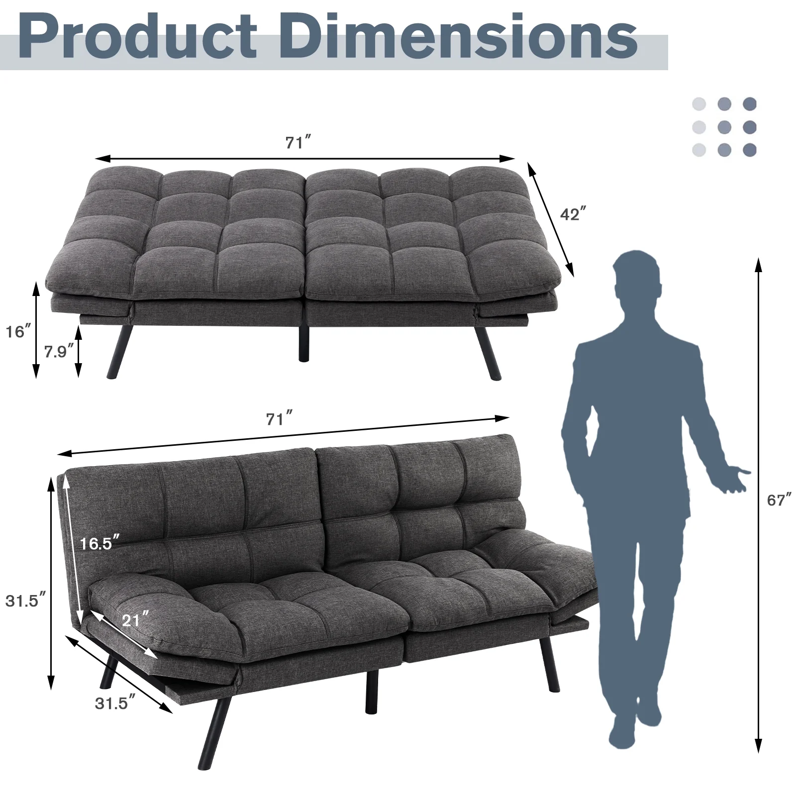 Futon Sofa Bed, Convertible Futon Sofa Memory Foam Double Sofa Bed with Adjustable Backrest and Armrests for Apartments, Dorms, Guest Rooms and Offices, Gray