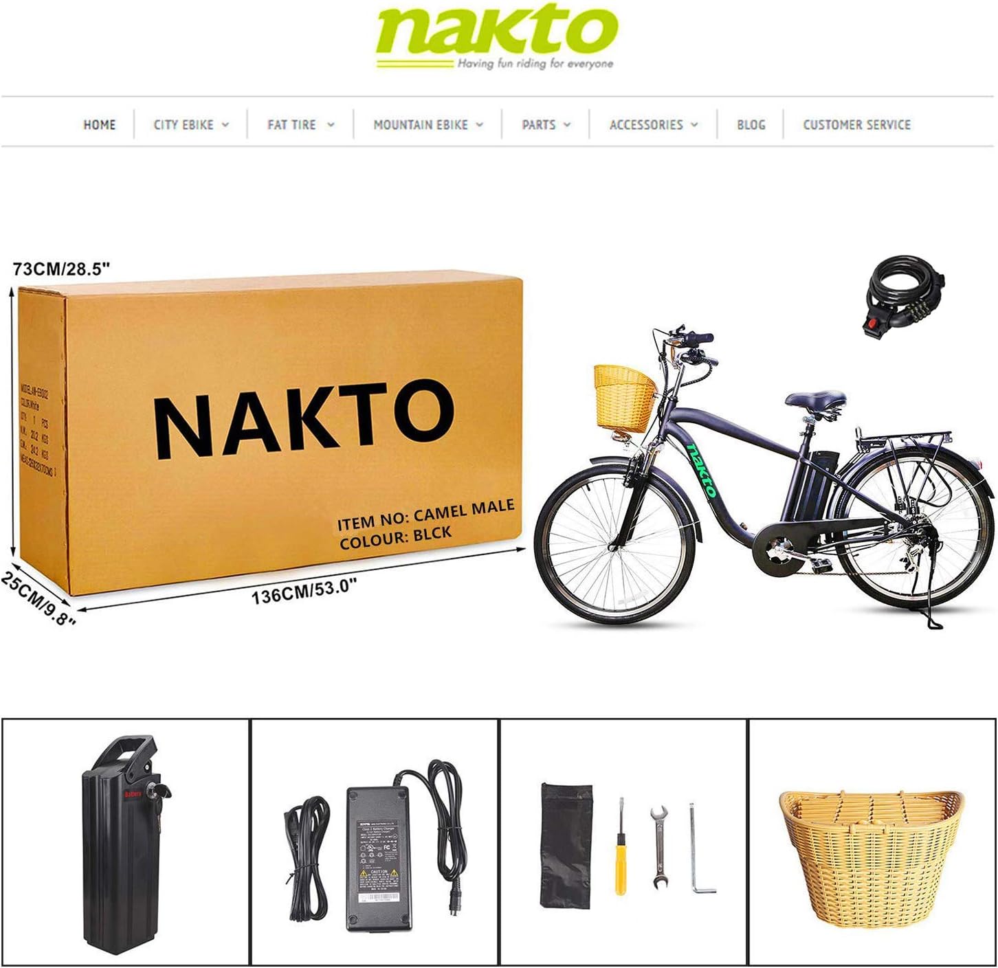 NAKTO 26 Adult Electric Bicycle Assisted Bicycle for Men with Removable 36V 10A Large Capacity Lithium Battery Ebike and Charger
