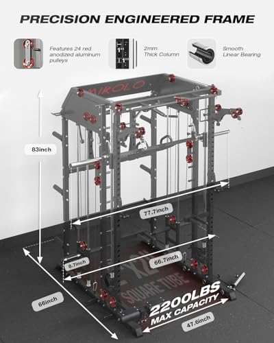 Mikolo Smith Machine, Multi-Function Power Cage with Dual Pulley System, Vertical Leg Press Attachment, Squat Rack Power Rack with More Training Attachment for Home Gym