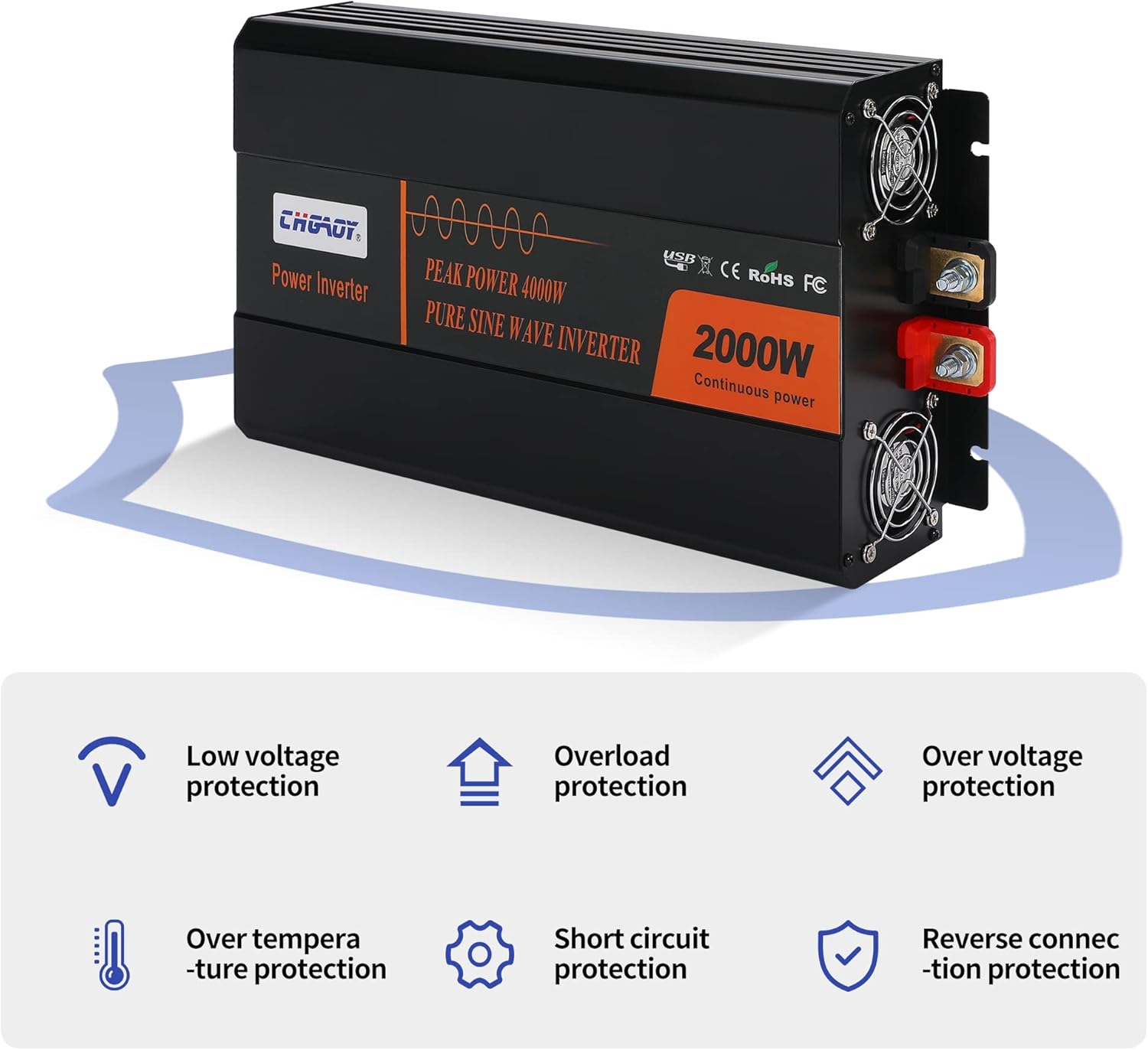 Power Inverter, 2000W Pure Sine Wave Inverter DC 12V to AC 120V Car Inverter with LCD Digital Display Remote Control USB Port Power Converter for Travel/Camping