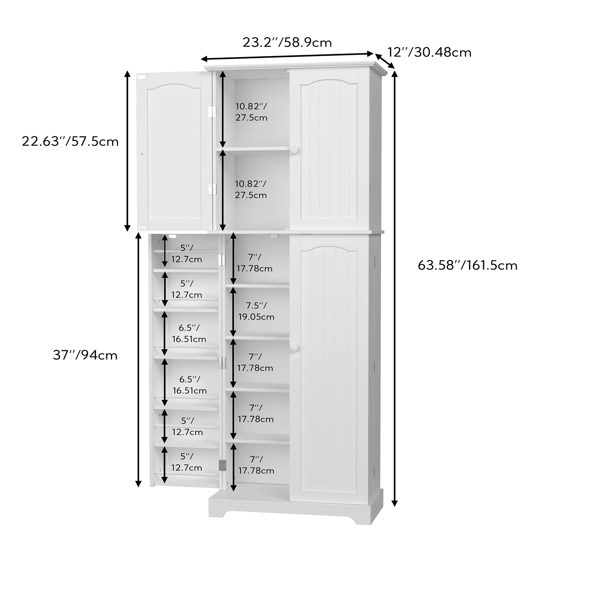 HOMEFORT Tall Kitchen Pantry Storage Cabinet with Doors and Shelves, Wooden Food Pantry Farmhouse Cupboard Freestanding Buffet for Kitchen Dining Living Room, White