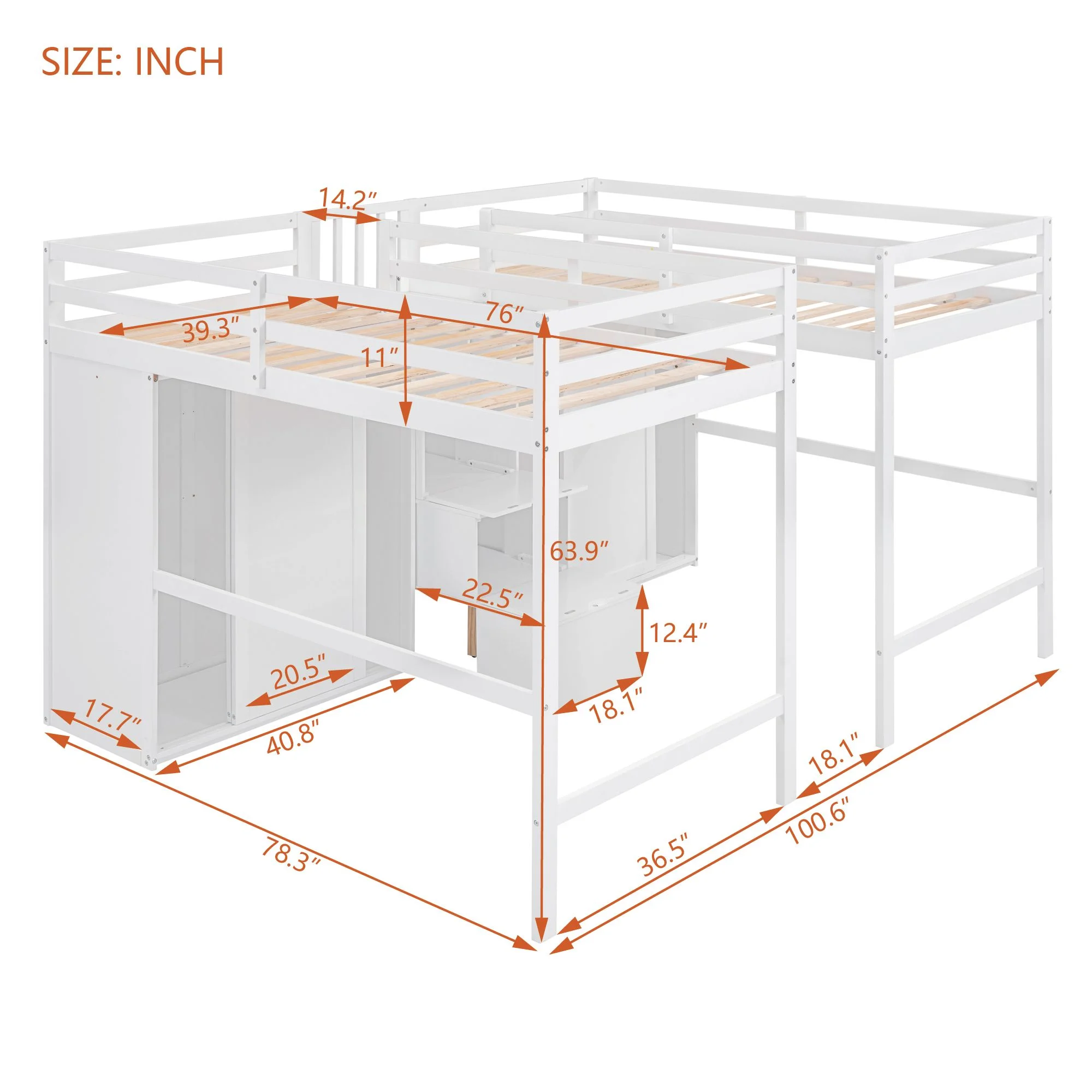 Double Twin Loft Bed, Solid Wood Loft Bed with Wardrobes and Staircase, Modern Storage Loft Bed with Storage Stairs and Shelves for Boys Girls Teens, Space Saving