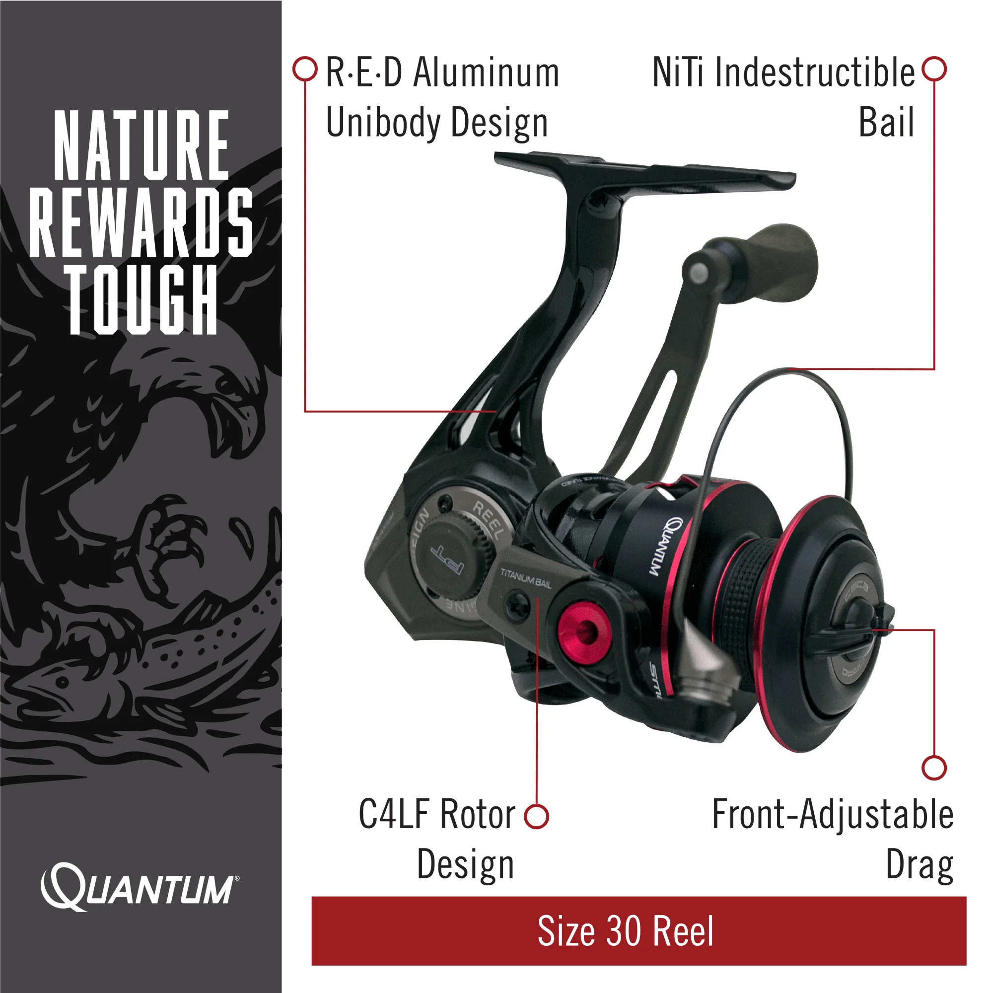 Quantum Smoke Spinning Fishing Reel, Size 30 Reel, Changeable Right- or Left-Hand Retrieve, Continuous Anti-Reverse Clutch with NiTi Indestructible Bail, SCR Alloy Frame, 6.0:1 Gear Ratio, Black