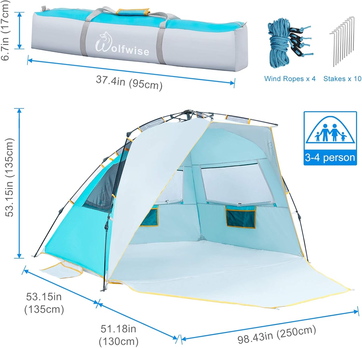 WolfWise 3-4 Person Easy Up Beach Tent UPF 50+ Portable Instant Sun Shelter Canopy Umbrella with Extended Zippered Porch