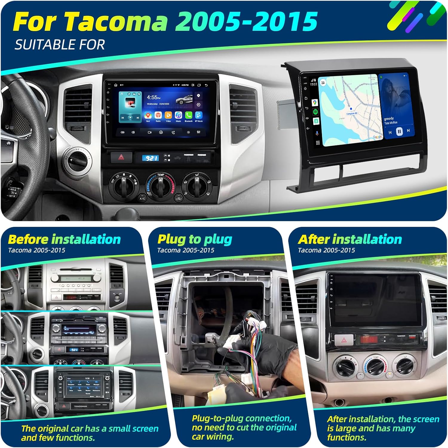 for Toyota Tacoma 2005-2015 Upgrade Android Radio Compatible with Wirelessly Carplay Android Auto Car Stereo Bluetooth Navigation TouchScreen GPS 8core 4GB RAM 64GB Head Unit Multimedia Player