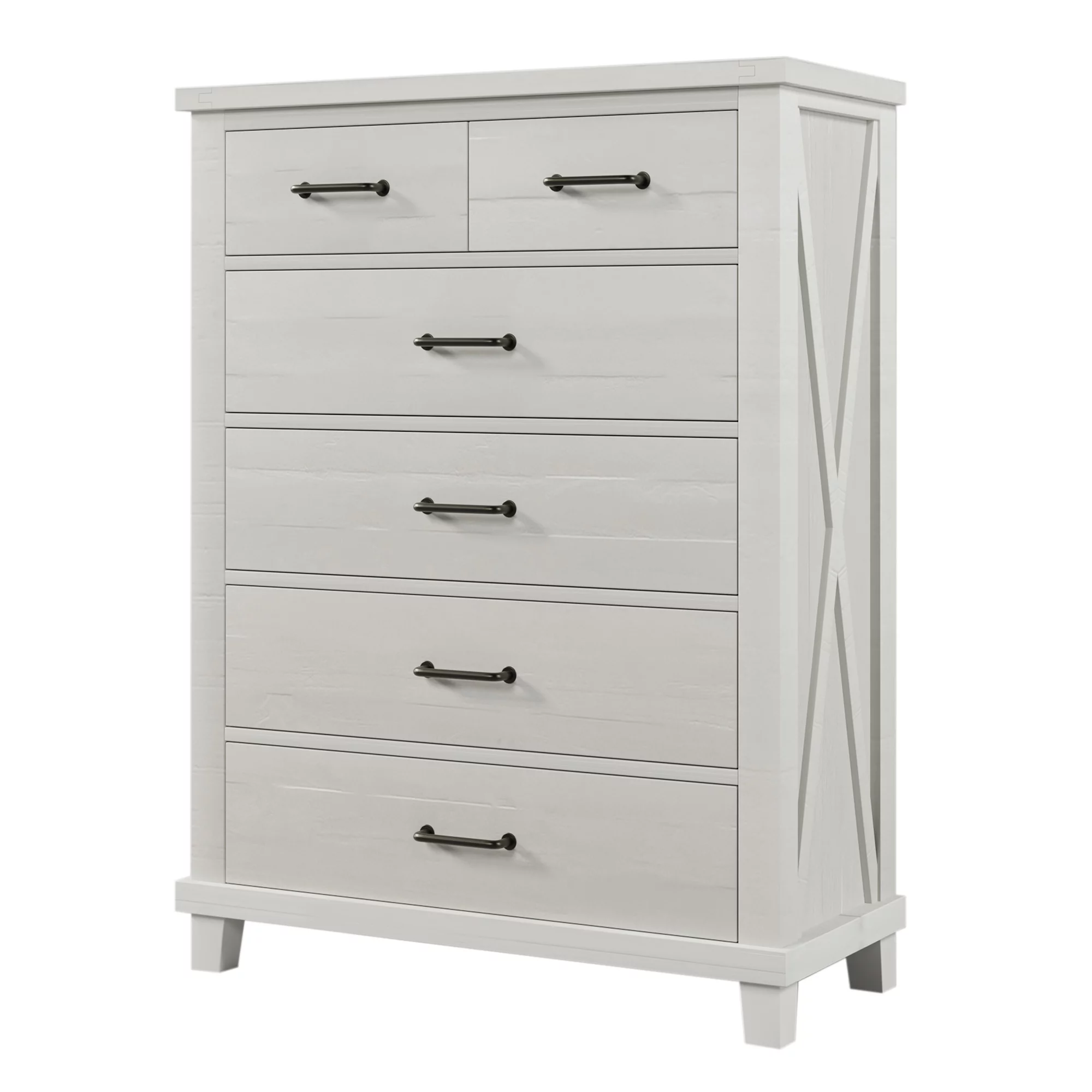 Rustic Farmhouse Style Solid Pine Wood Six-Drawer Chest Tallboy for Bedroom, Living Room, White