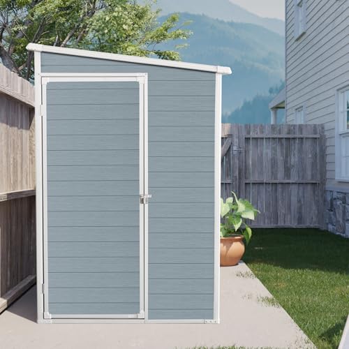 4x8 ft Outdoor Resin Storage Shed with Floor and 2 Windows, Lockable Double Door Resin Sheds with Vents, Waterproof Garden Shed for Backyard, Patio, Lawn, All-Weather Tool Sheds, Grey