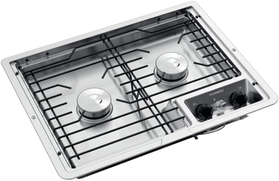 Dometic Drop-In Cooktop - Two Burner Cooktop Cast Iron/Flat Wire Grate -Top Mount 12V Stove for RV and Outdoor Camper Kitchens