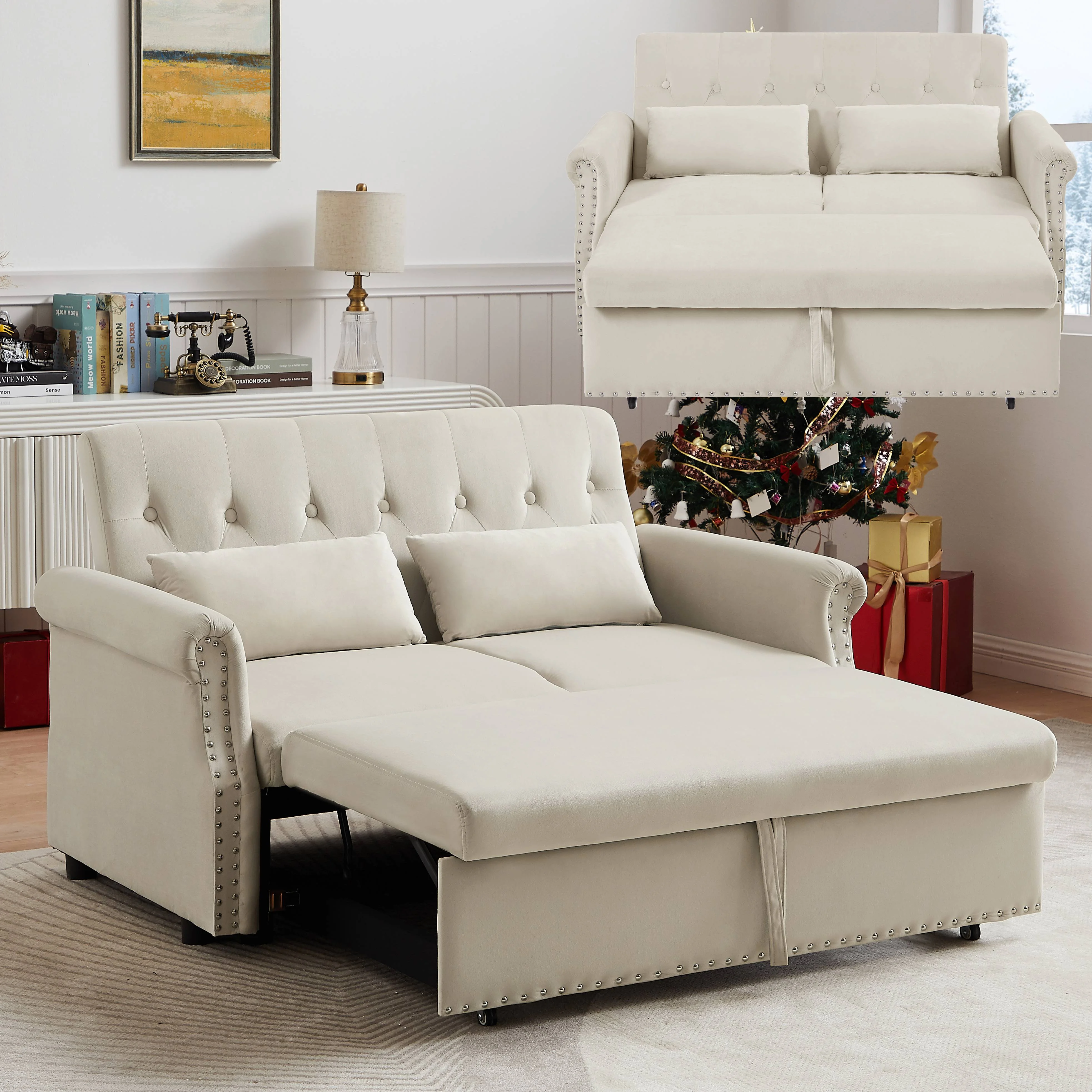 Bellemave 55" Pull Out Sleeper Sofa Bed, Sleeper Loveseats Sofa Couch with Adjustable Backrest, 2 Caster Wheels and 2 Lumbar Pillows for Living Room Bedroom Apartment Office (Beige)