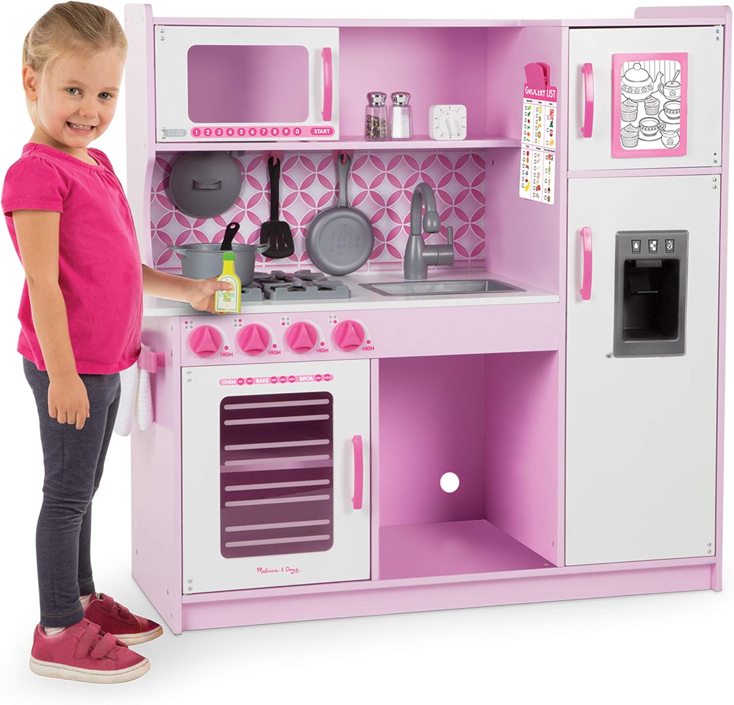 Melissa & Doug Wooden Chef’s Pretend Play Toy Kitchen With “Ice” Cube Dispenser – Cupcake Pink/White