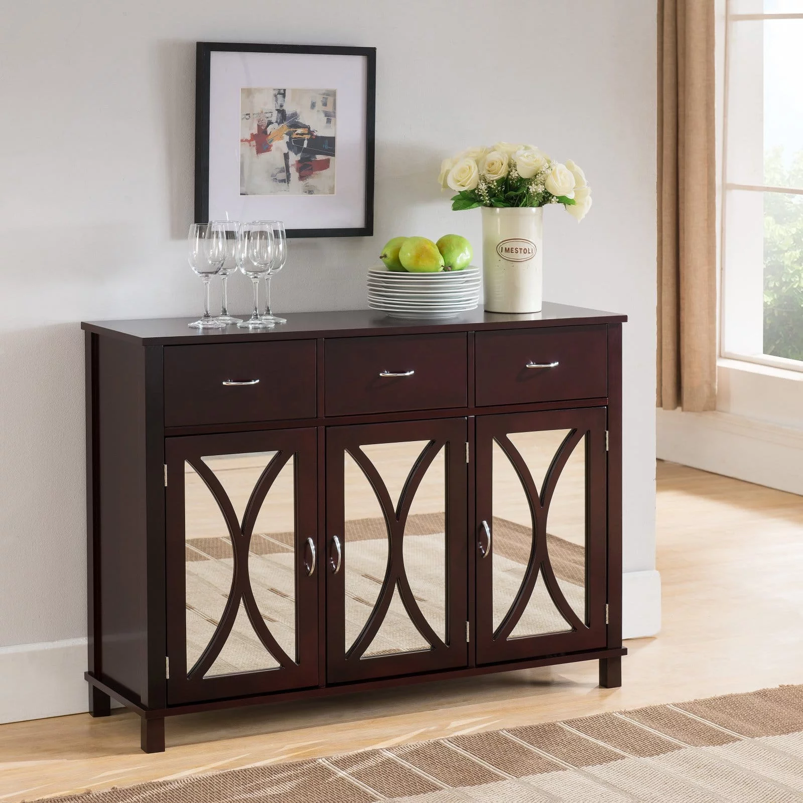 K&amp;B Furniture Espresso Wood 3 Door and 3 Drawer Storage Cabinet