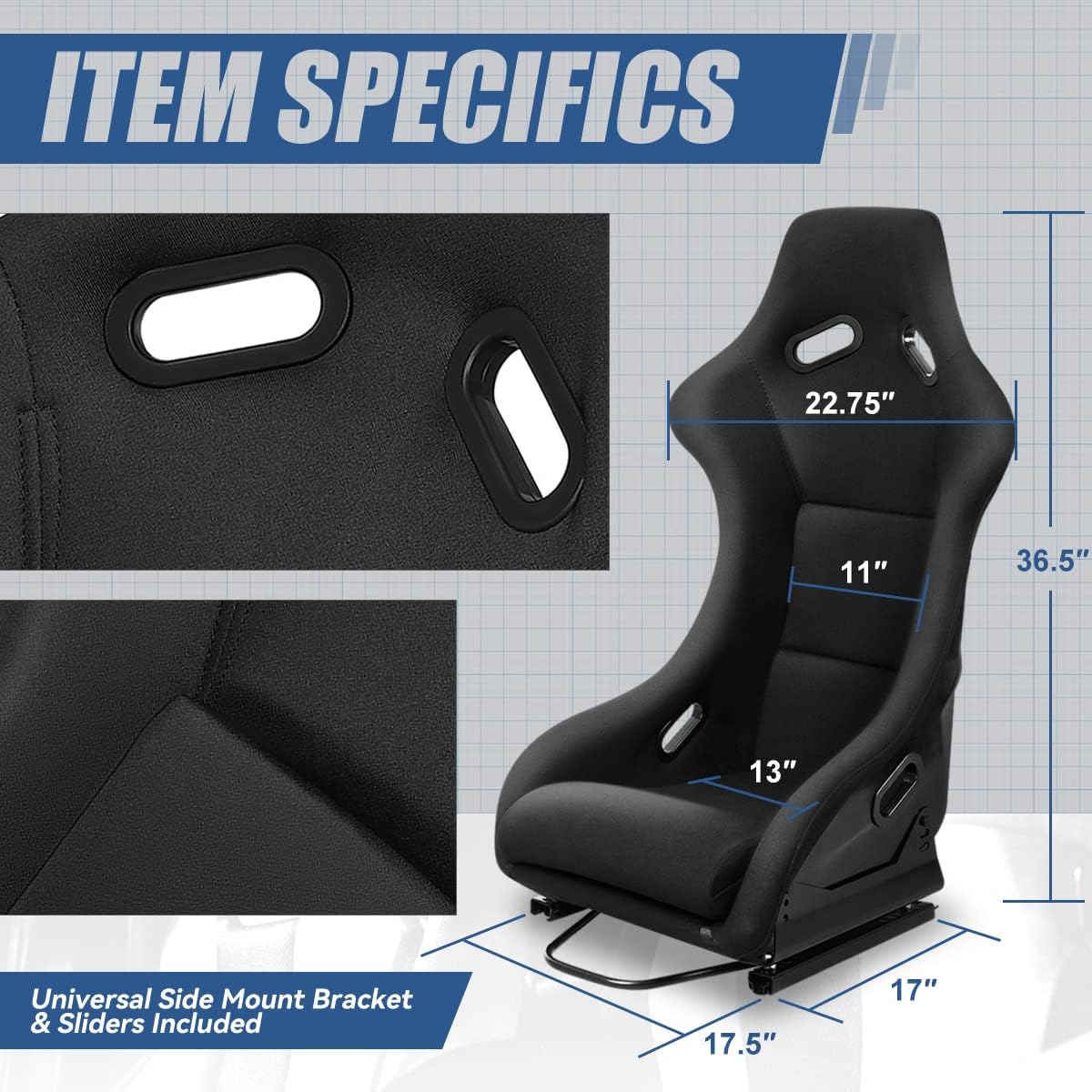 Universal Bucket Racing Seats, Come with Adjustable Sliders, Set of 2, Driver and Passenger Side, Black Fabric