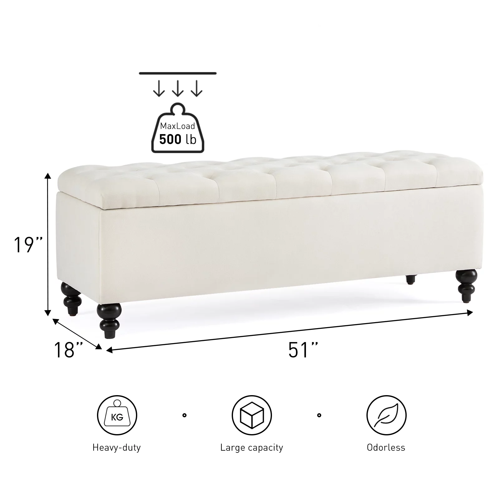 HUIMO 51" Ottoman with Storage, Large Storage Ottoman Bench with Button-Tufted, Bedroom Bench Safety Hinge Ottoman in Upholstered Fabrics, for Bedroom, Living Room,Cream