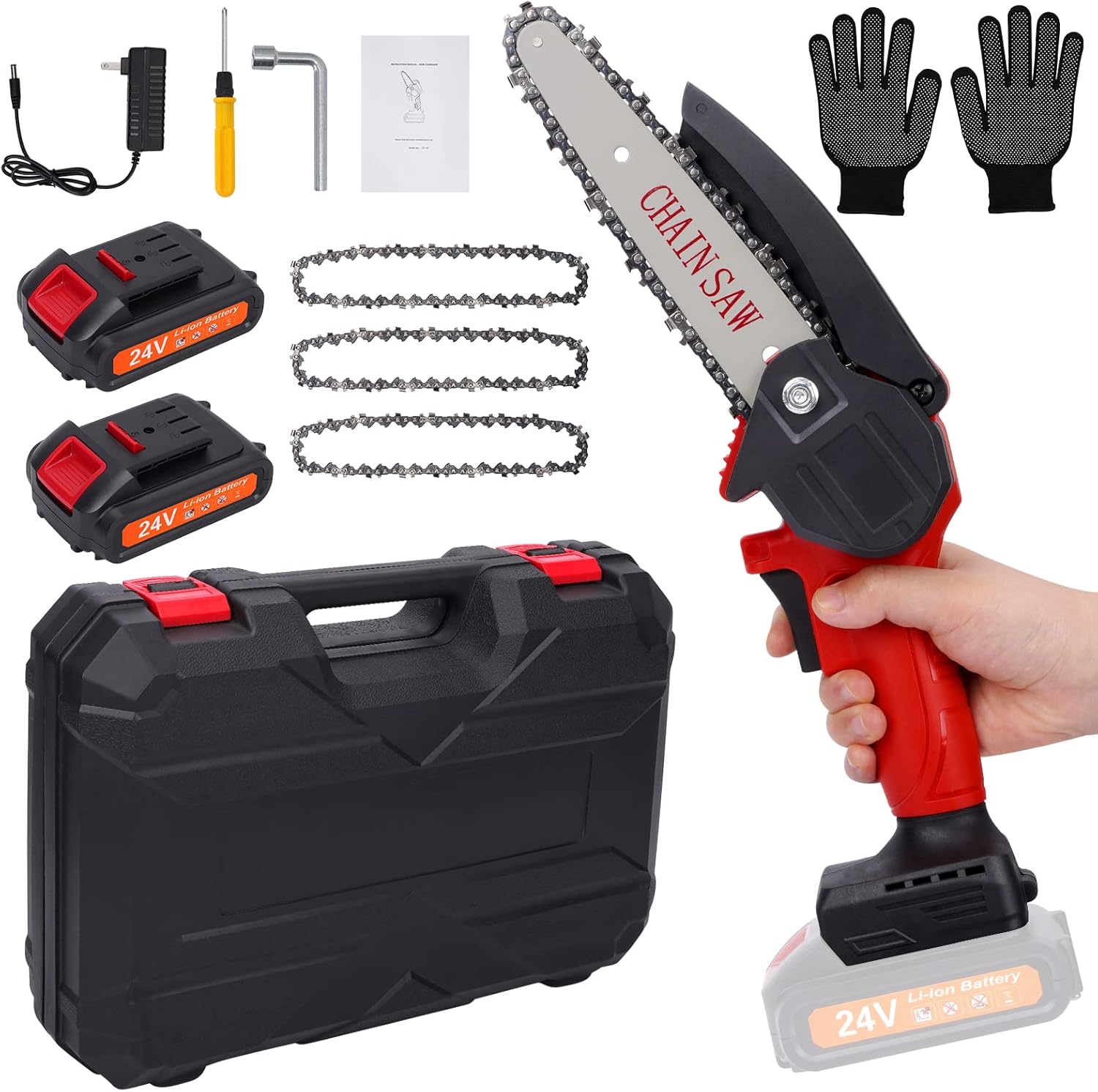 Mini Chainsaw Cordless 6 Inch Battery Chainsaw Kit with 3 Chains One-Handed Portable Electric Chainsaw for Garden Bush Branch Pruning Wood Cutting Pack of 2
