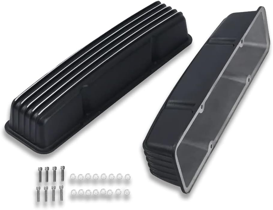 DEMOTOR PERFORMANCE Tall Finned Valve Cover W/O Hole for SBC 327 350 Chevy & 12" Oval Full Finned Air Cleaner Dress Up Kit Black
