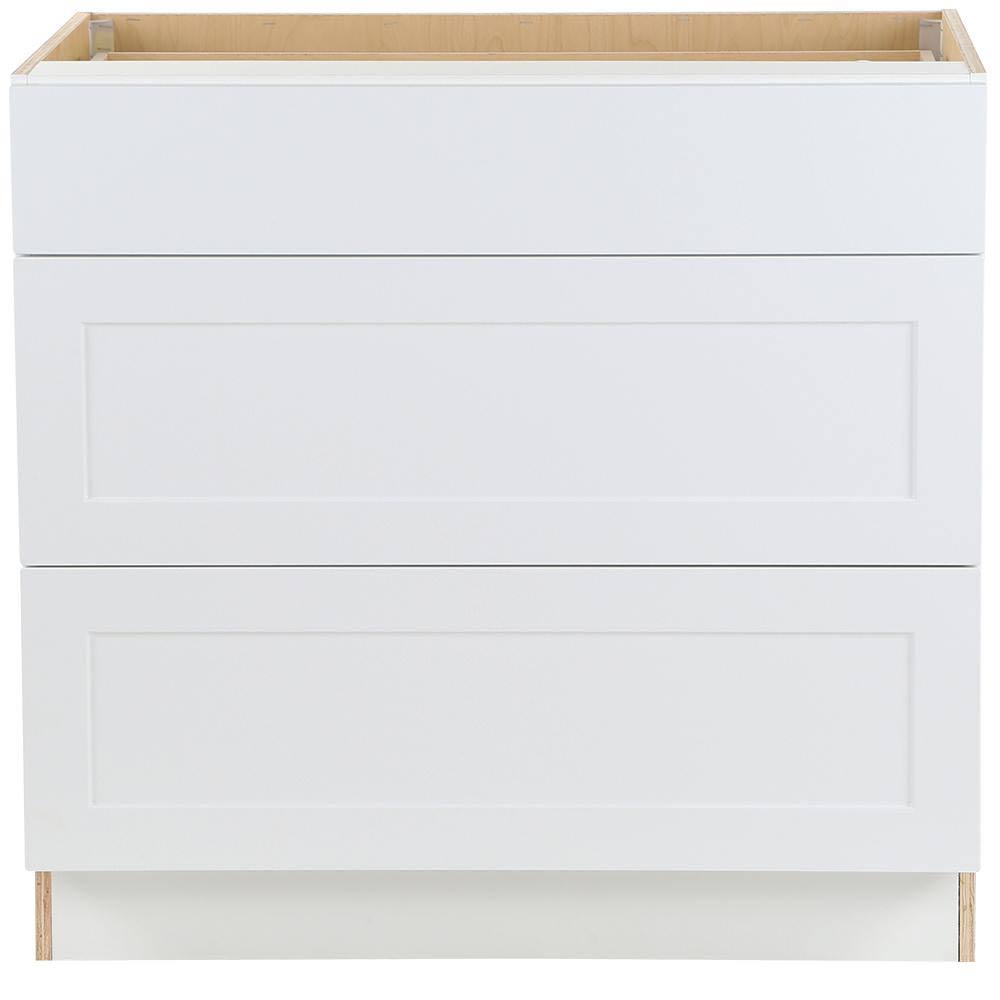 Hampton Bay Cambridge Shaker Assembled 36x34.5x24.5 in. Base Cabinet with 3-Soft Close Drawers in White