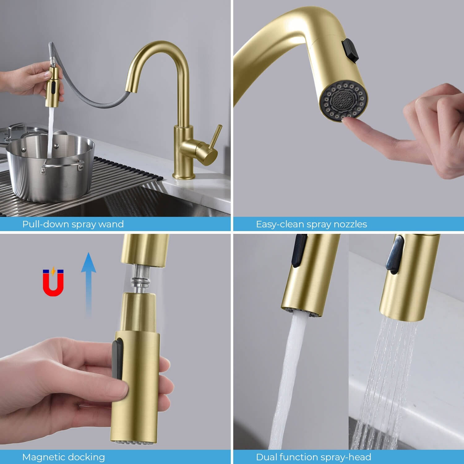 KIBI Single-Hole Pull-Down Nickel Kitchen Faucet with Sprayer and Magnetic Docking