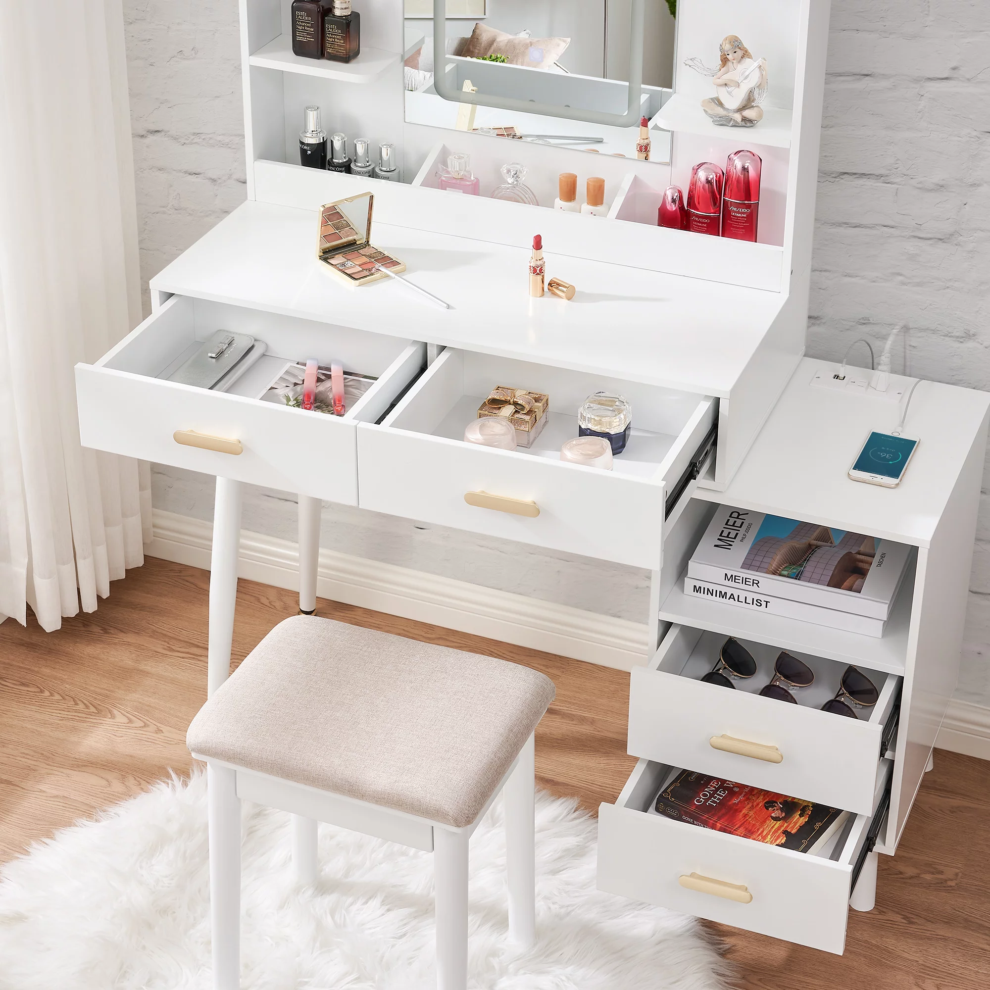 BEWISHOME Vanity Desk with Mirror and Lights, Makeup Vanity with Lights, White Vanity with Charging Station & Cabinets, Makeup Desk Vanity Table with 3 Colors Modes, Dressing Table Vanity Set FST18W