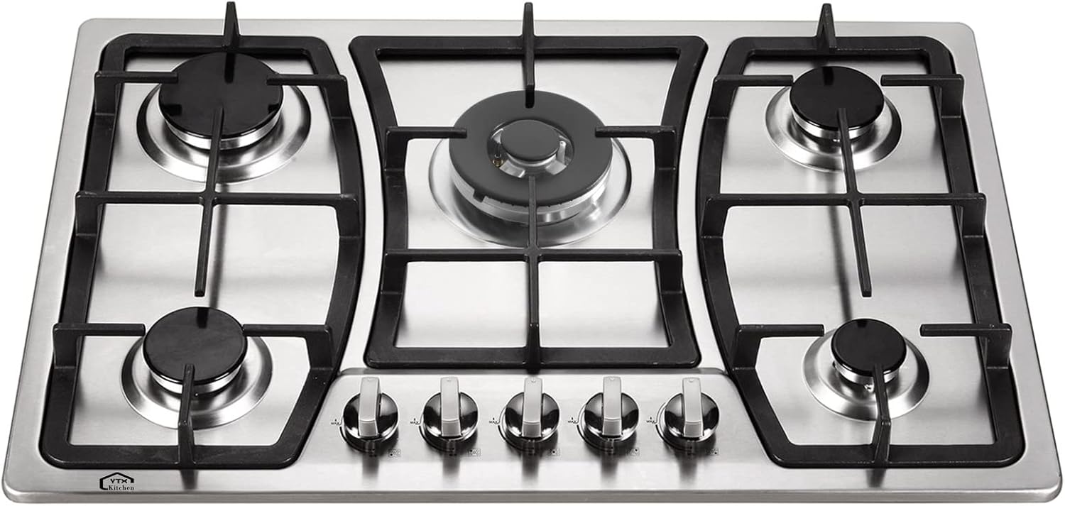 30 Inch Gas Cooktop 5 Burners Gas Stove Gas Hob Stovetop Stainless Steel Cooktop Cast Iron Grates, Silver (30x 19.7x 4.5 inches)