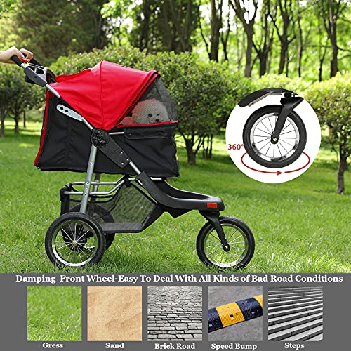 VIAGDO Premium Heavy Duty Dog Stroller for Small Medium Dogs & Cats, 3-Wheel Pet Stroller, Foldable Cat Strollers with Suspension System/Link Brake/One-Hand Fold, Max. Loading 55 LBS Black Red