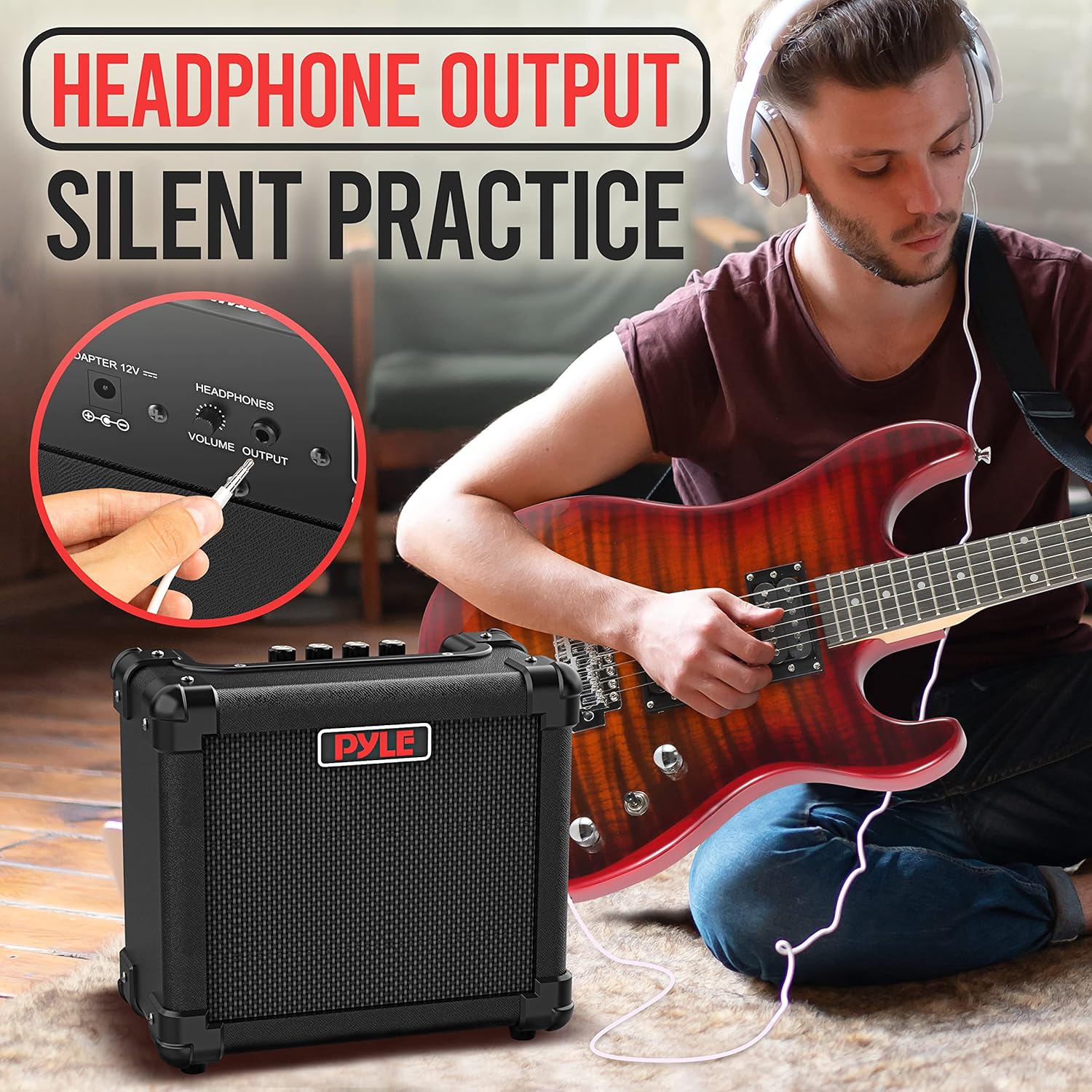 Pyle Mini Electric Guitar Amp - Portable 10 Watt Mini Practice Instrument Amplifier with 5-Inch High Definition Speaker, Volume, Bass, Treble, Distortion, Gain Controls, Headphone Output Jack Pack of 2