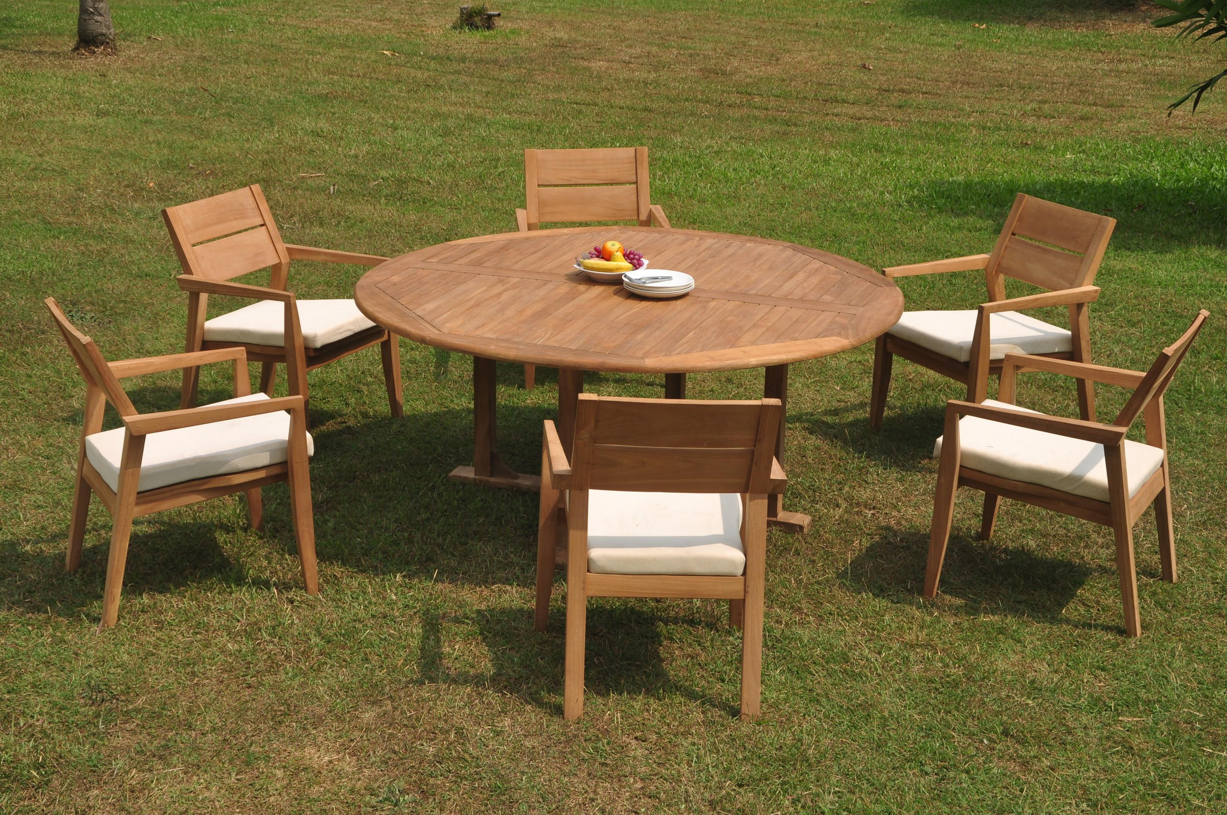 Grade-A Teak Dining Set: 6 Seater 7 Pc: 72" Round Table And 6 Vellore Stacking Arm Chairs Outdoor Patio WholesaleTeak #WMDSWVm