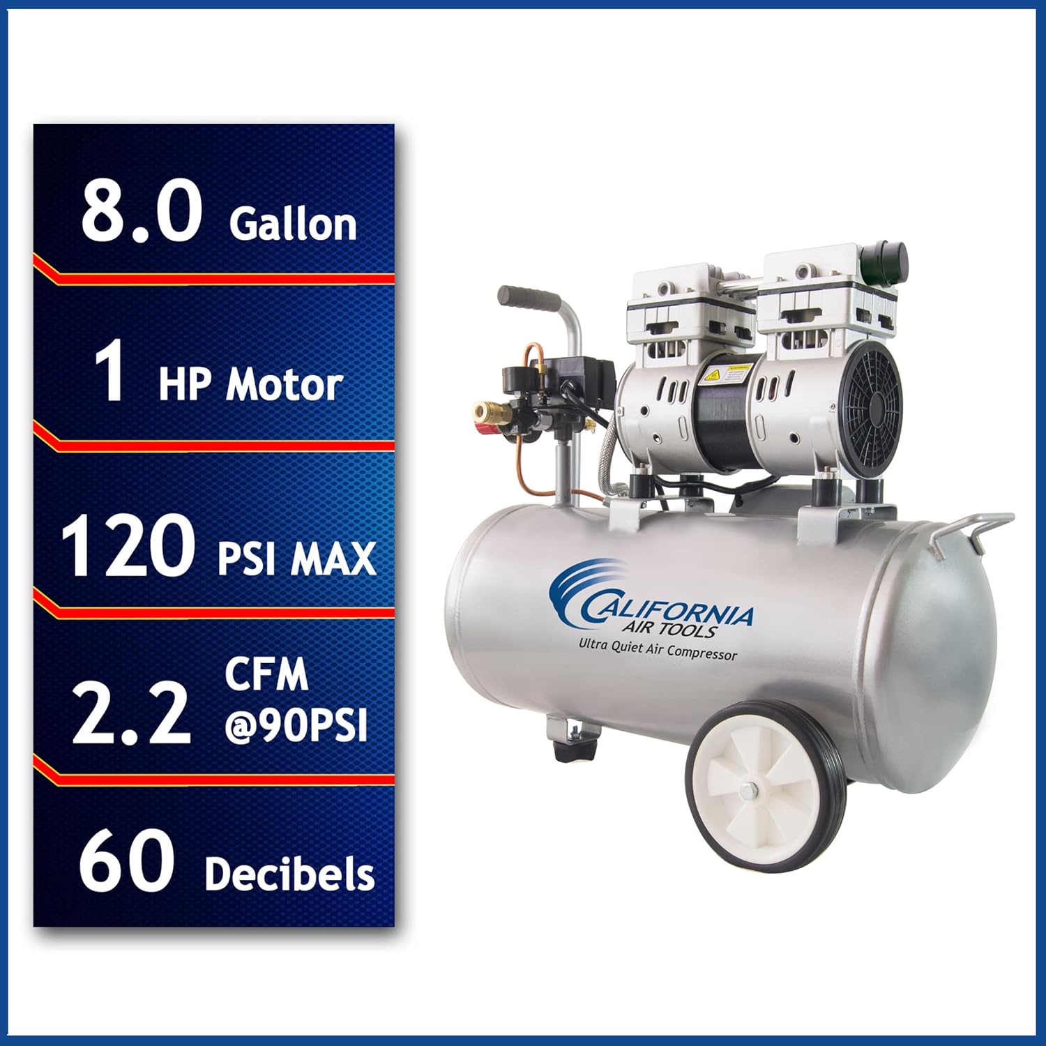 California Air Tools 8010 Steel Tank Air Compressor, 8 gal & Estwing E1450PVCR 1/4" x 50' PVC/Rubber Hybrid Air Hose with Brass 1/4" NPT Industrial Fitting and Universal Quick Connect Coupler