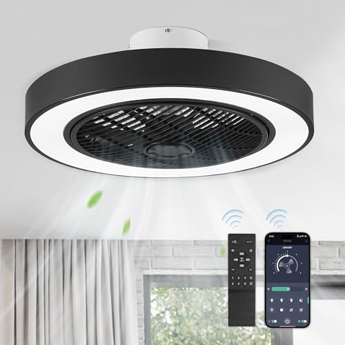 LEDIARY 20 Inch Low Profile Ceiling Fan with Light, Led Bladeless Ceiling Fan, Remote Control Enclosed Flush Mount Ceiling Fan with Timming, 3000-6500K, 6 Wind Speed, 2800LM, 62W…